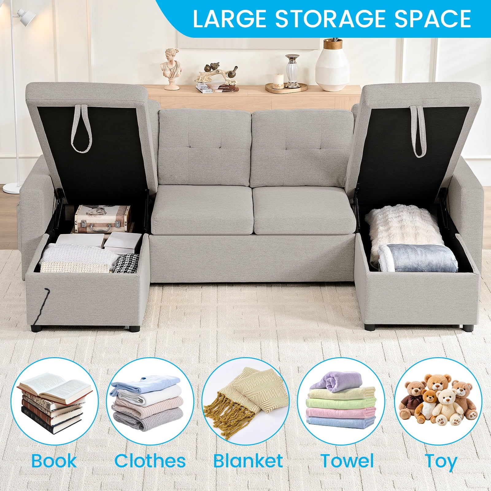 Mjkone Oversized U Shaped Sectional Sleeper Sofa Bed with Double Storage Chaise,Convertible Pull Out Couch Bed with Side Pocket for Living Room/Apartment,