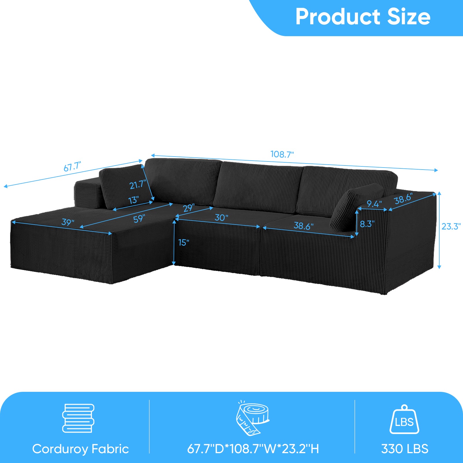 Puremind 109” L Shaped Sectional Sofa, Modular Sectional Couches with Chaise, Corduroy Cloud Couch for Living Room/Apartment/Small Space