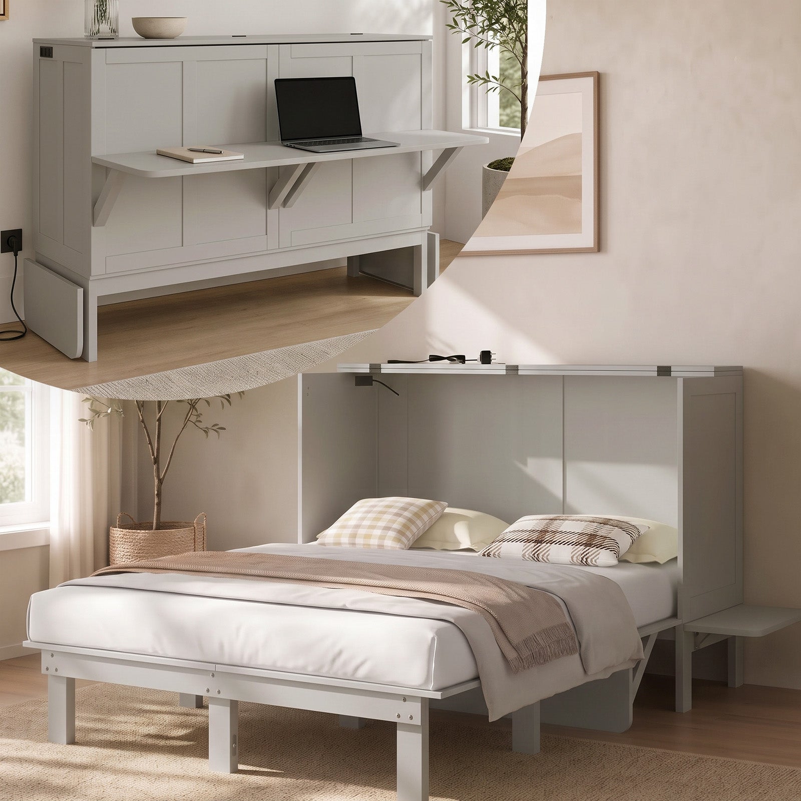 Puremind Murphy Bed with Mattress & Desk, Hideaway Wall Bed with Charging Port, Folding Cabinet Bed for Home/Small Space