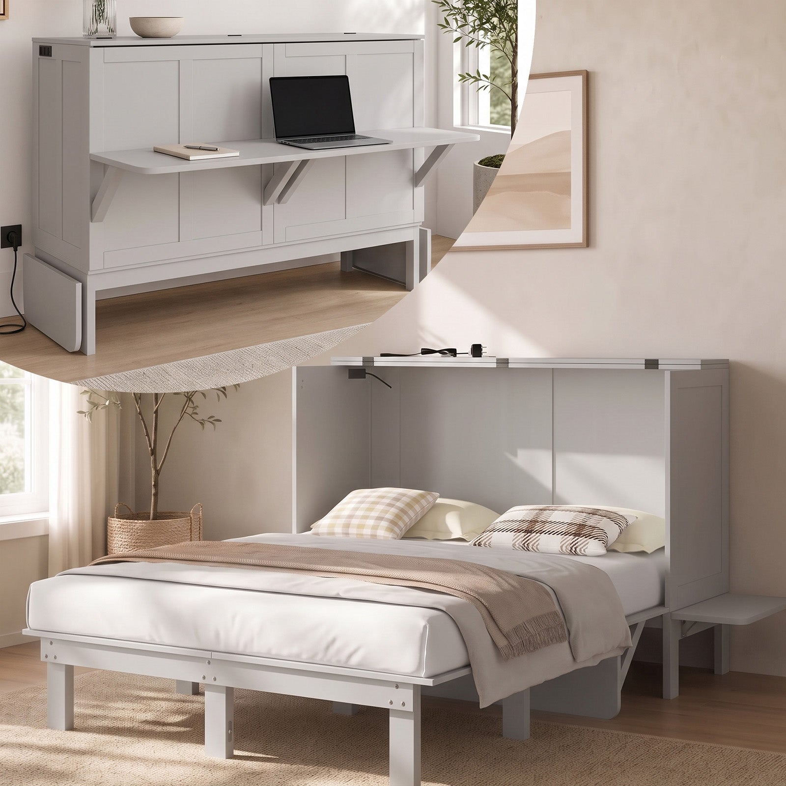 Puremind Murphy Bed with Mattress & Desk, Hideaway Wall Bed with Charging Port, Folding Cabinet Bed for Home/Small Space