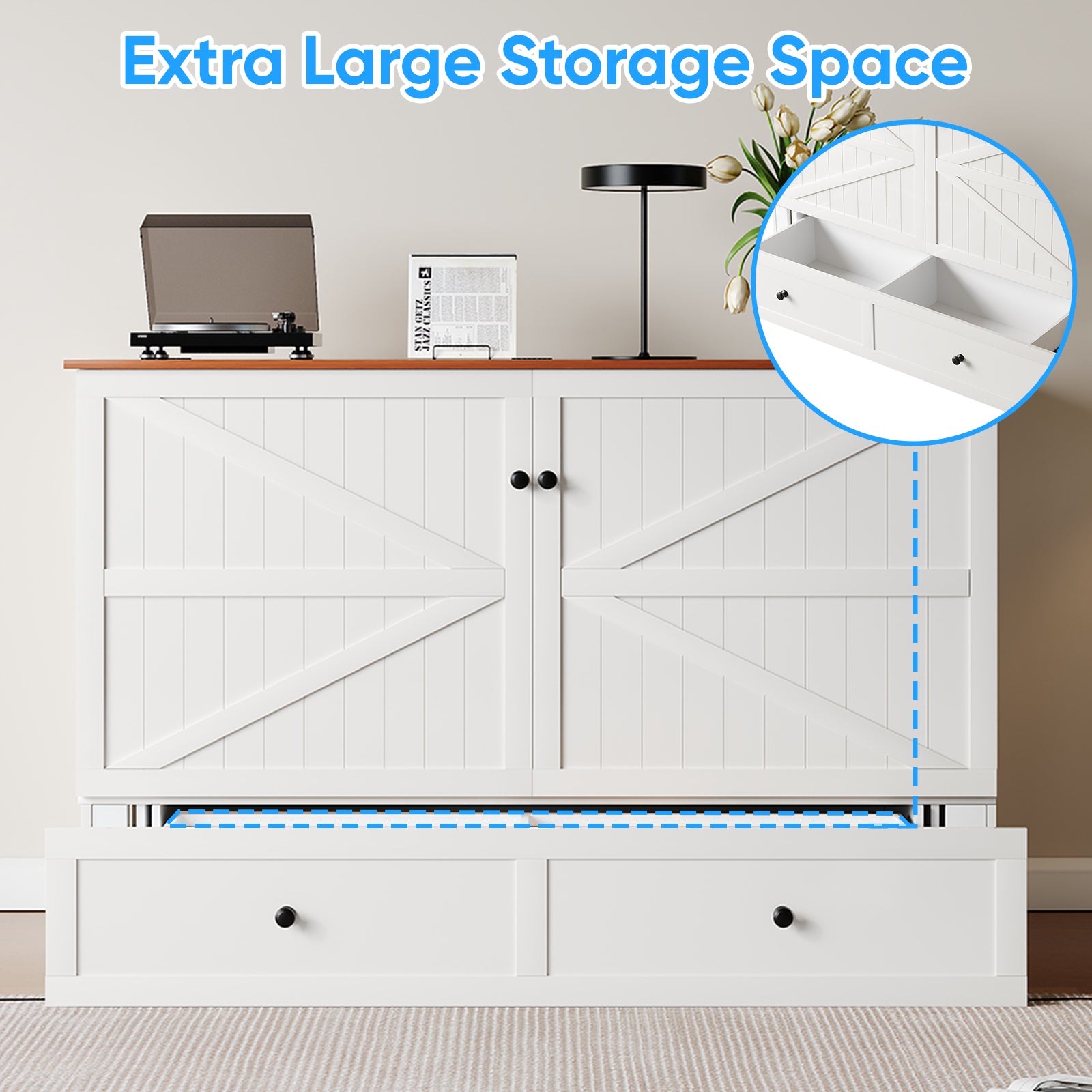 Puremind Queen Size Murphy Bed with Mattress, Murphy Cube Cabinet Bed with USB Charging Station and Large Storage Drawer, Murphy Chest Bed for Guest Room/Home/Office
