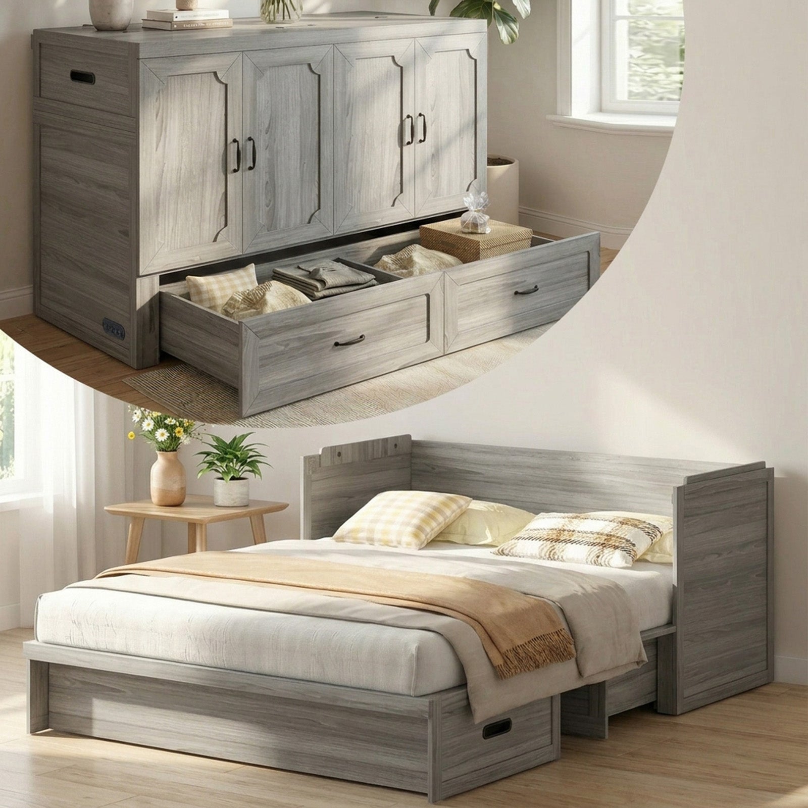 Puremind Queen Size Murphy Bed with Mattress Included, Cabinet Bed with USB Charging Ports and Drawer for Guest Room/Home/Office