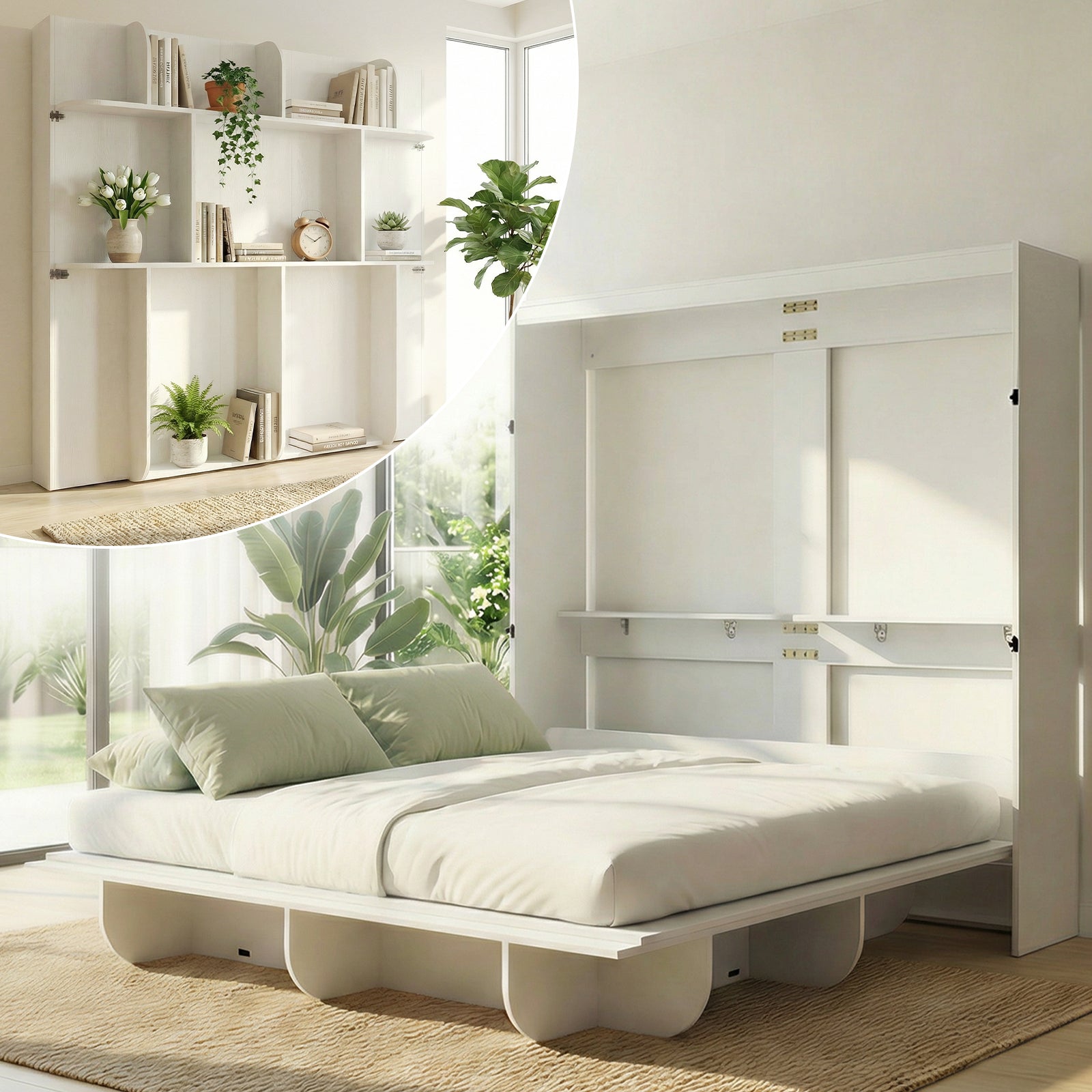 Puremind Queen Size Murphy Bed, Wood Foldable Wall Bed Frame, Storage Cabinet Bed for Bedroom/Office, Space-Saving, No Box Spring Needed