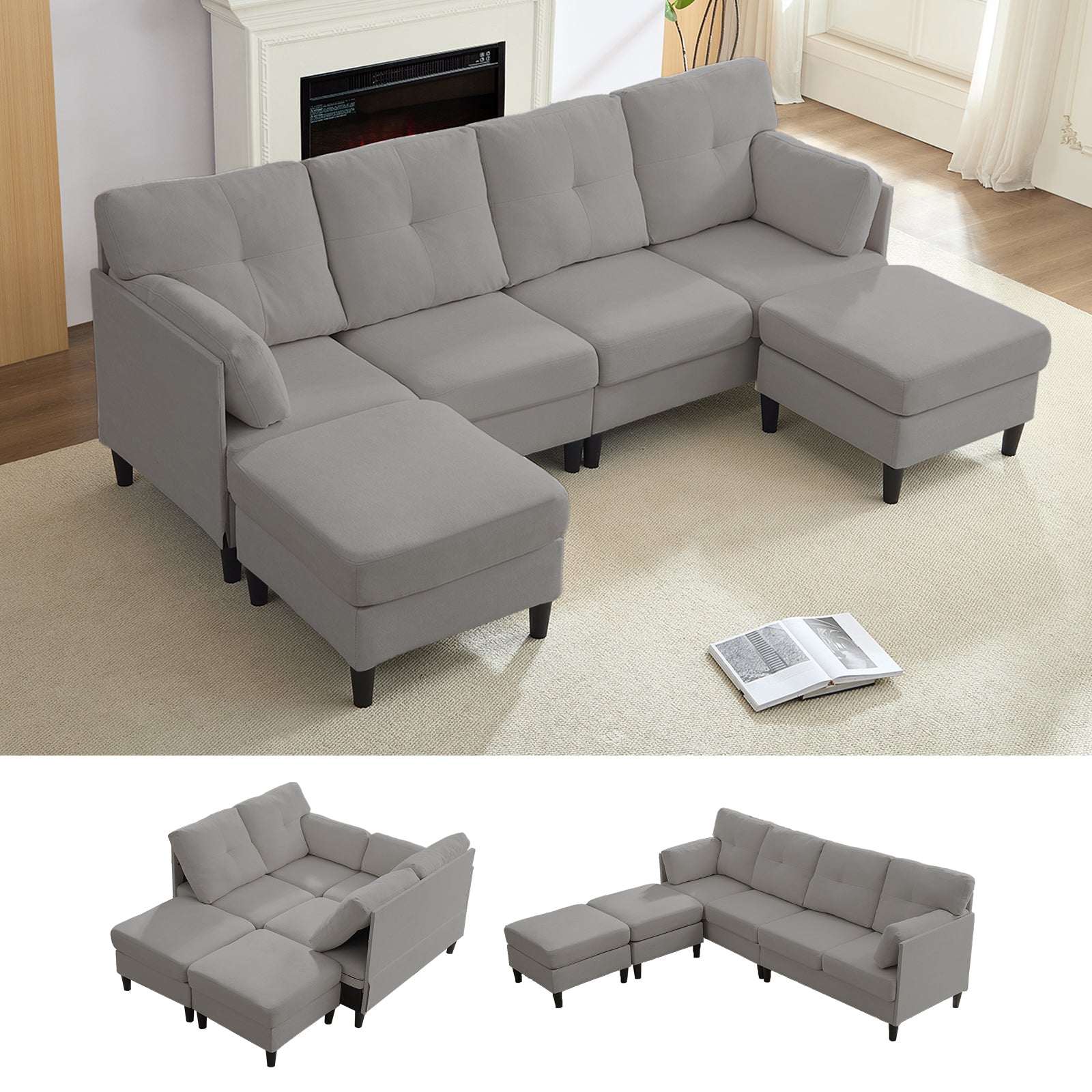 BALUS Convertible U/L Shape Sectional Sofa , Oversized 4 Seat Modular Couch for Living Room/ Apartment