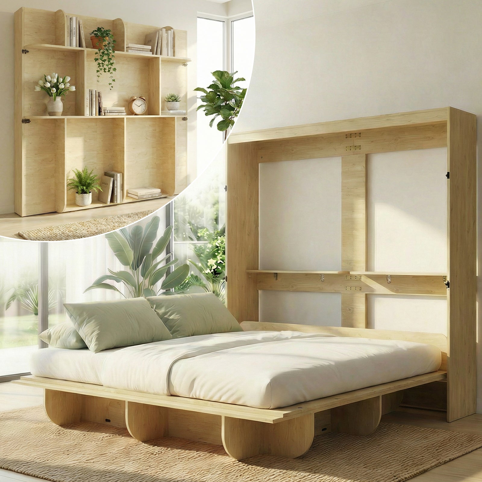 Puremind Queen Size Murphy Bed, Wood Foldable Wall Bed Frame, Storage Cabinet Bed for Bedroom/Office, Space-Saving, No Box Spring Needed