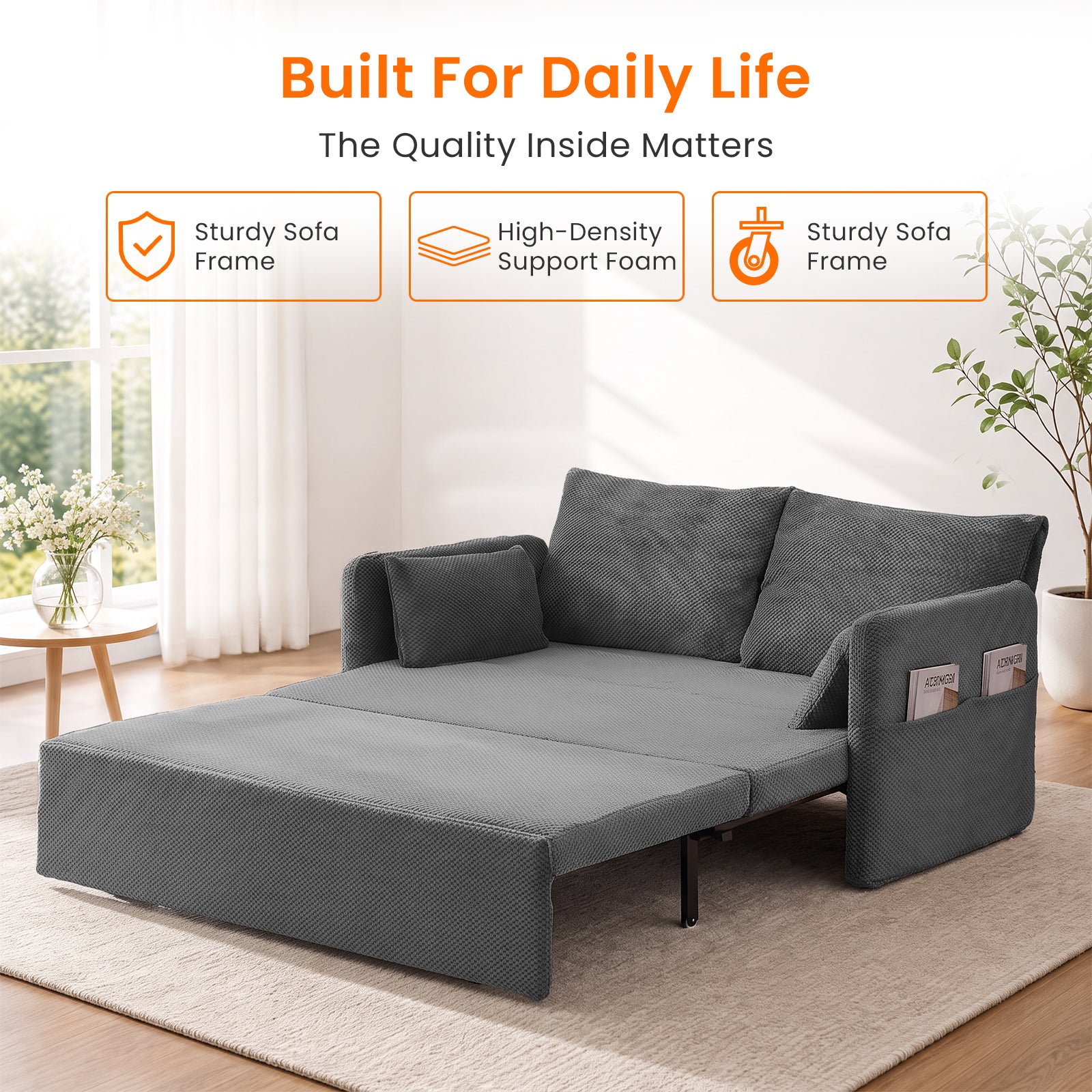 Puremind 66.5" Queen Pull Out Couch Bed with Adjustable Backrest, Bubble Fleece Convertible Sofa Bed with Side Pockets for Living Room/Apartment