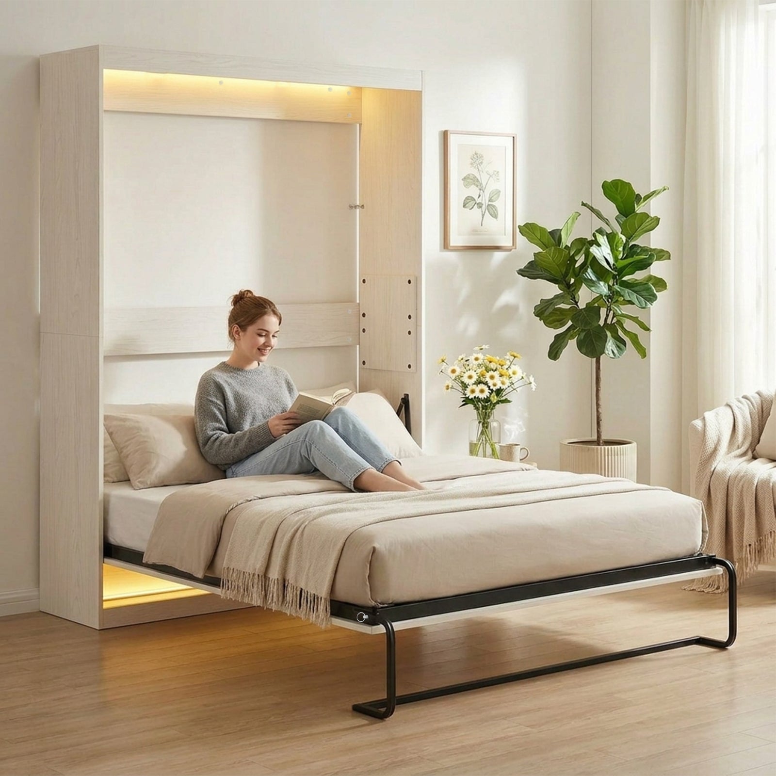 Puremind Murphy Bed with LED Lights, Hidden Murphy Wall Bed with Gas-Lift, Cabinet Bed for Bedroom/Guest Room, Without Mattress