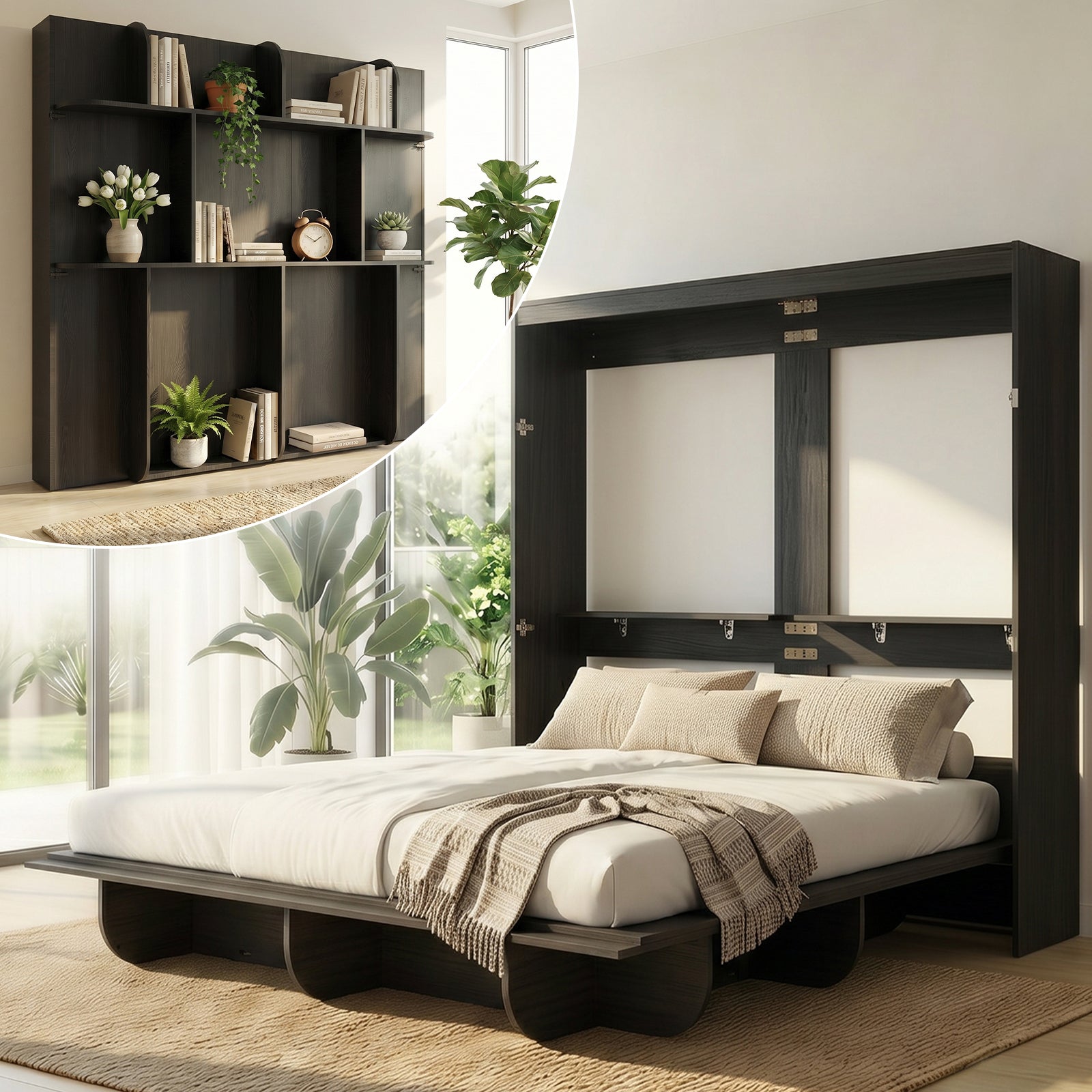 Puremind Queen Size Murphy Bed, Wood Foldable Wall Bed Frame, Storage Cabinet Bed for Bedroom/Office, Space-Saving, No Box Spring Needed