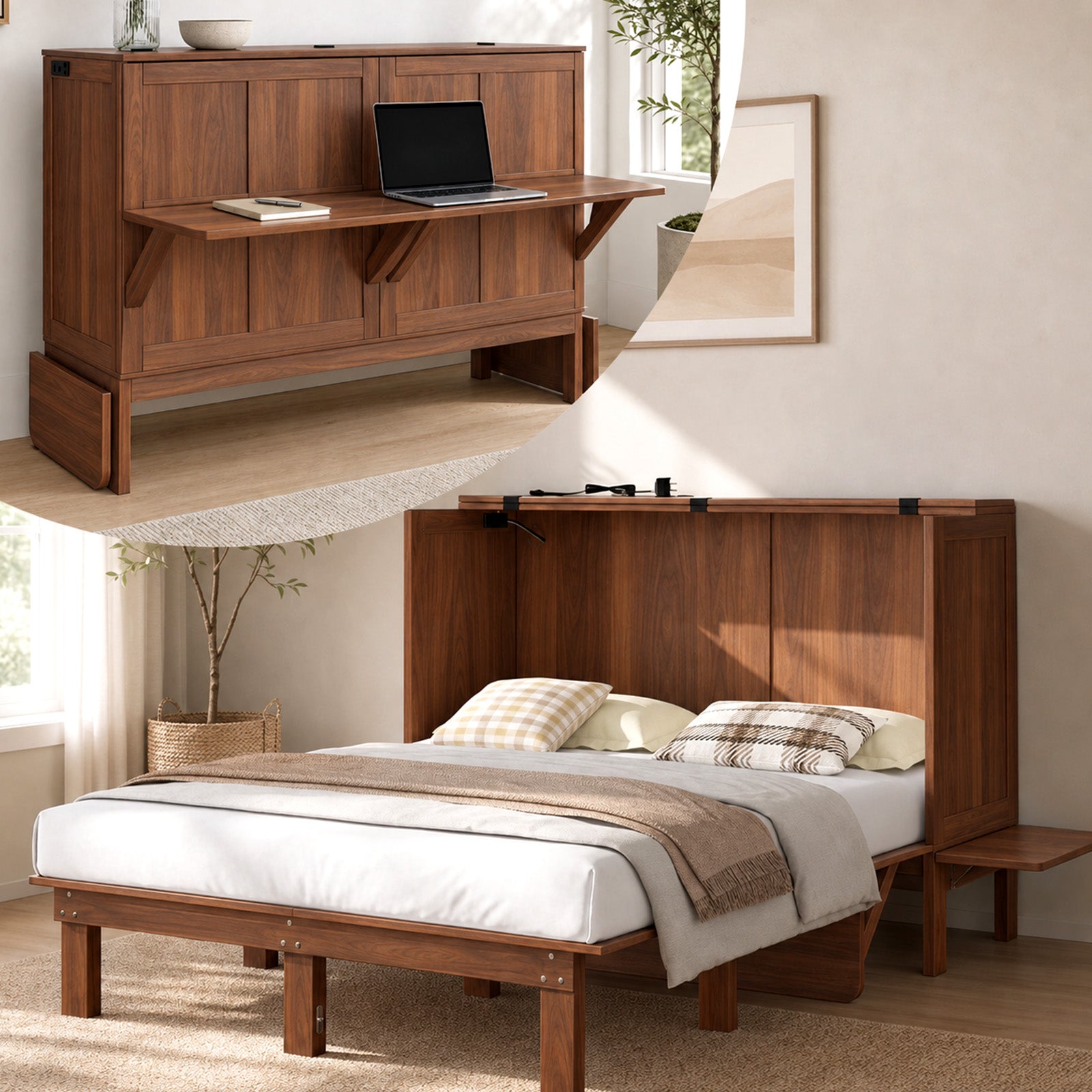 Puremind Murphy Bed with Mattress & Desk, Hideaway Wall Bed with Charging Port, Folding Cabinet Bed for Home/Small Space