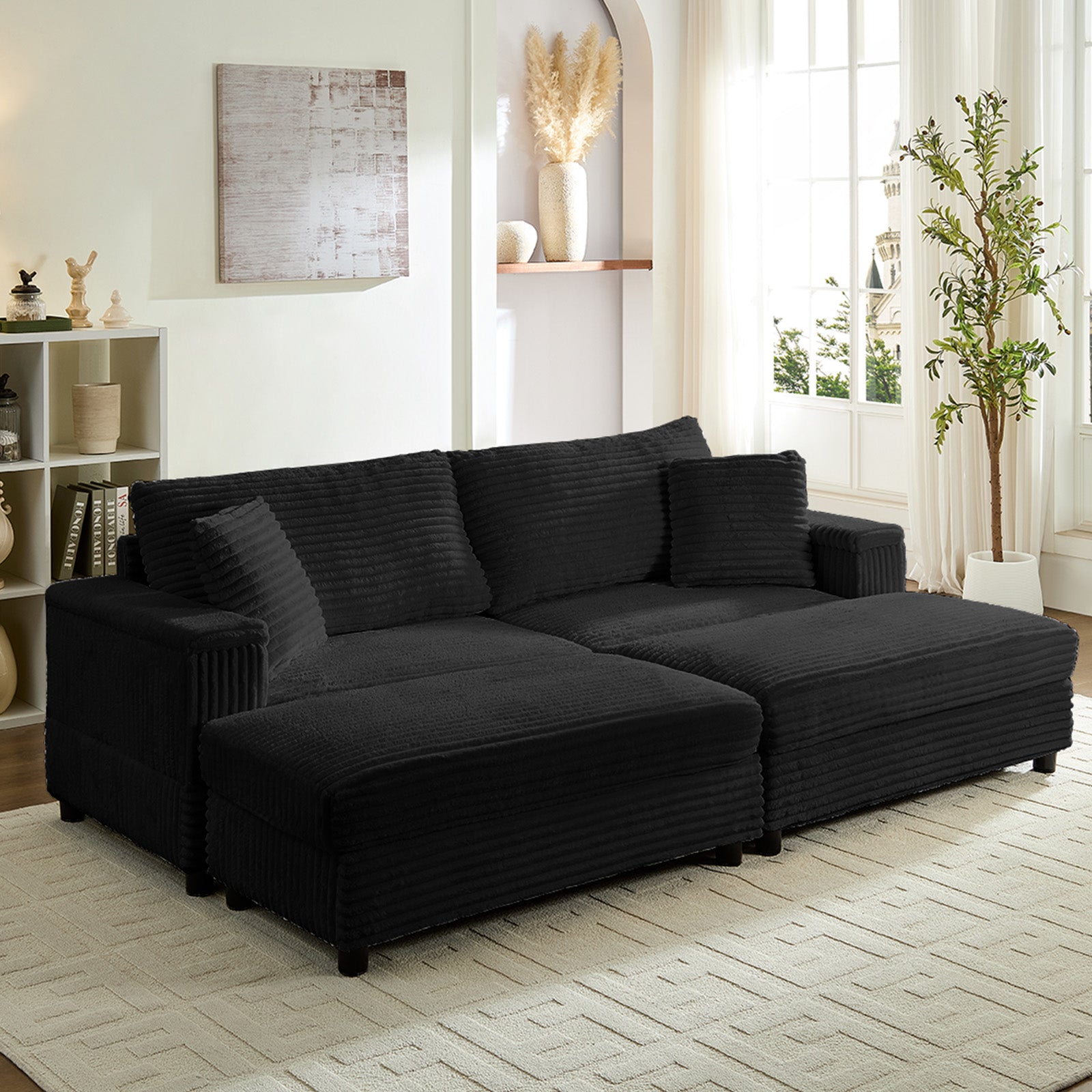 BALUS Oversized Chaise Sofa with Wide Storage Ottoman, Modern Deep Seat Sofa Bed for Living room/ Bedroom, Comfy Apartment Sleeper Sofa, Corduroy