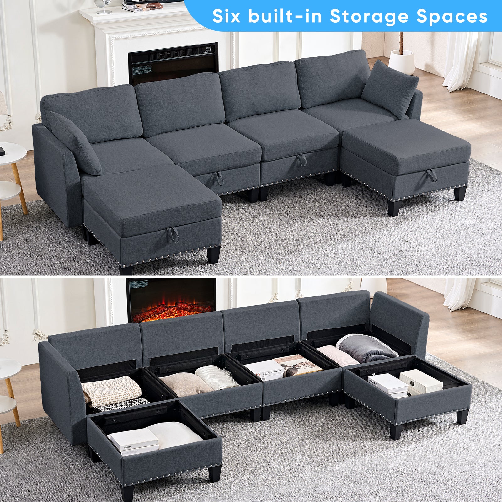 Puremind 6 Piece Modular Sectional Sofa with Storage, U/L Shaped Sectional Couch with Movable Ottoman, Convertible Sleeper Sofa for Living Room/Apartment