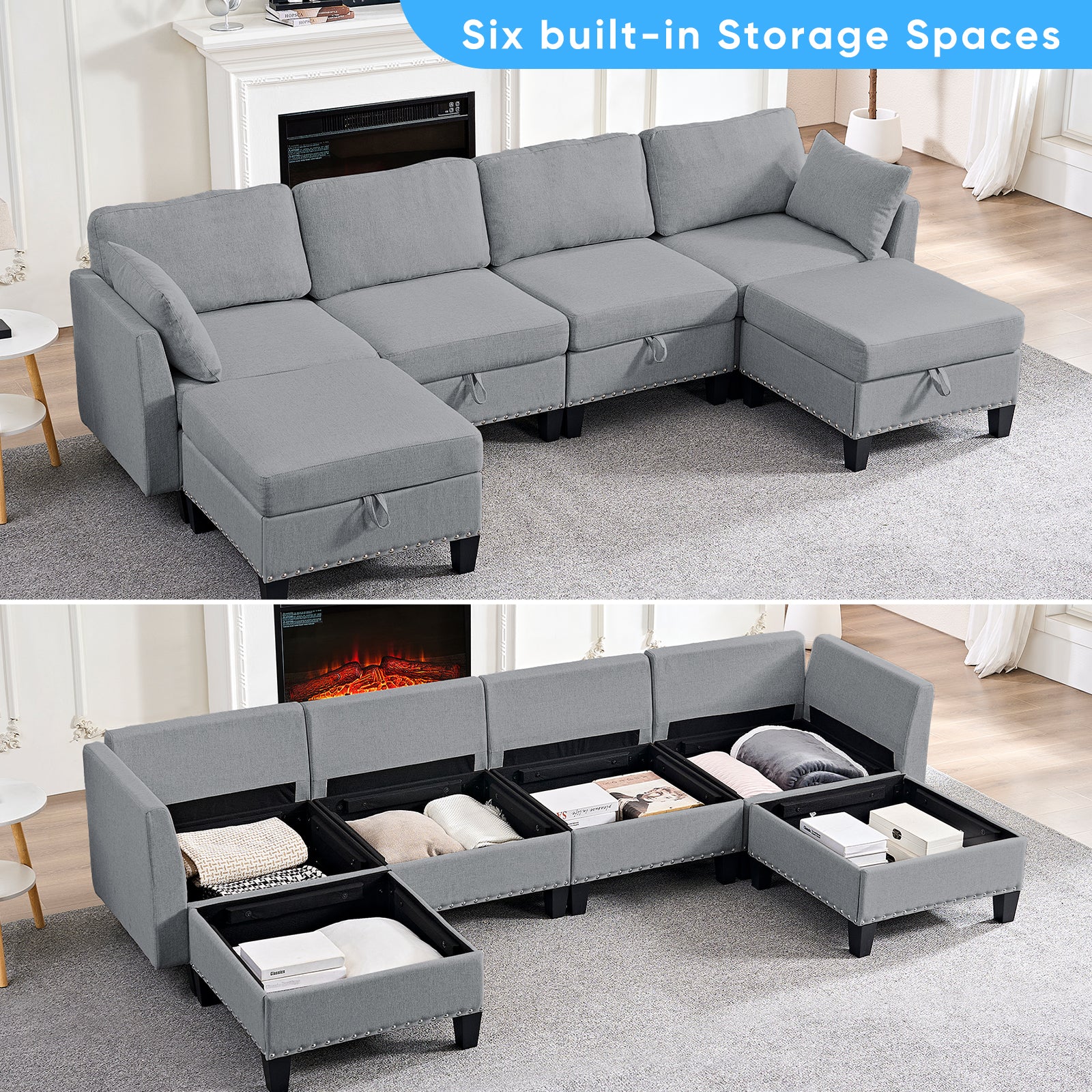Puremind 6 Piece Modular Sectional Sofa with Storage, U/L Shaped Sectional Couch with Movable Ottoman, Convertible Sleeper Sofa for Living Room/Apartment