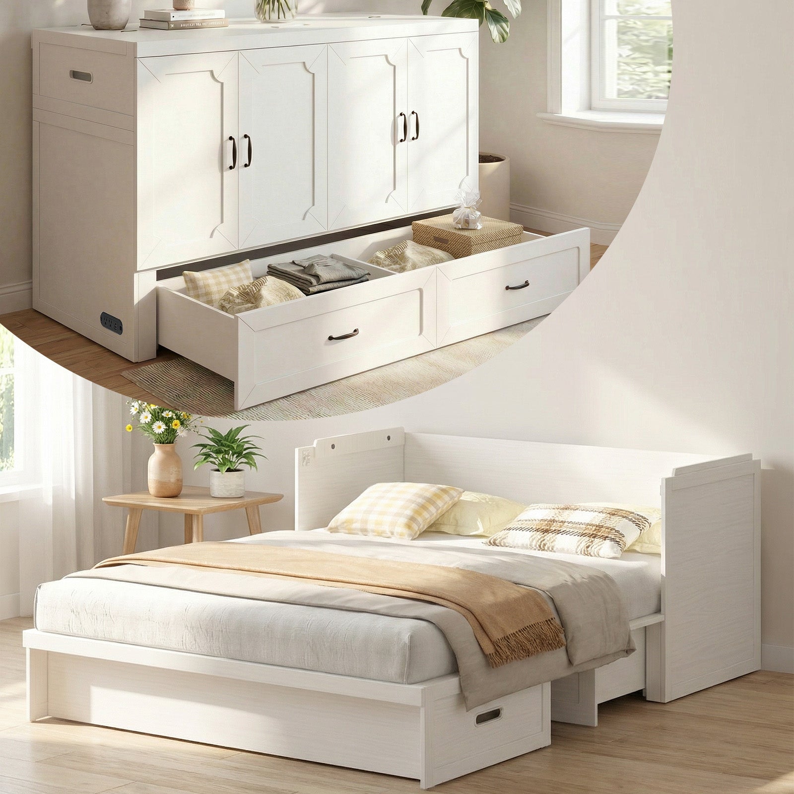 Puremind Queen Size Murphy Bed with Mattress, Murphy Cube Cabinet Bed with USB Charging Station and Storage Drawer, Murphy Chest Bed for Guest Room/Home/Office