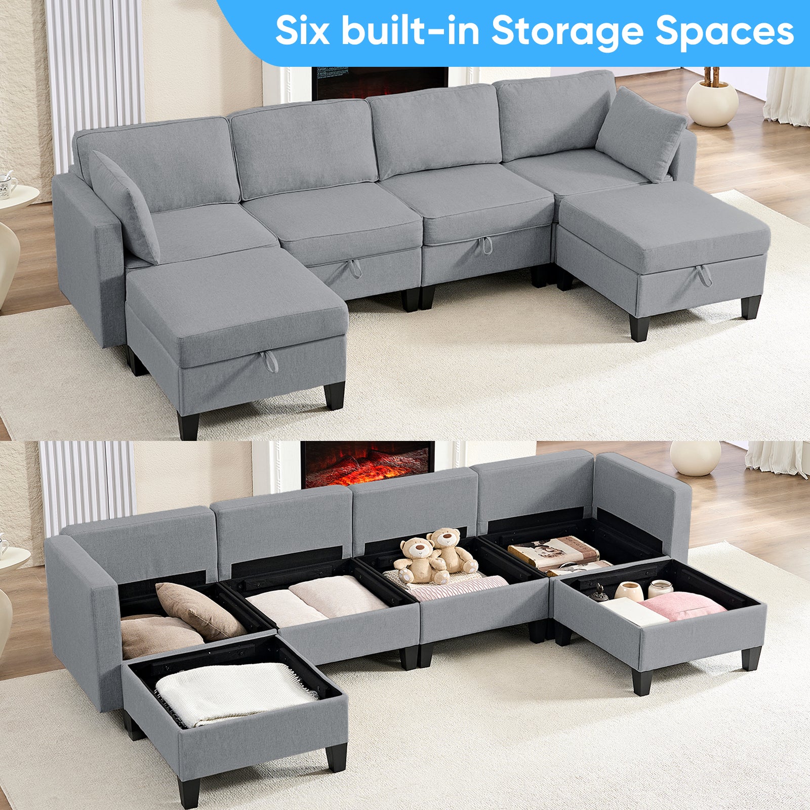 Puremind 6 Piece Modular Sectional Sofa with Storage, U/L Shaped Sectional Couch with Movable Ottoman, Convertible Sleeper Sofa for Living Room/Apartment