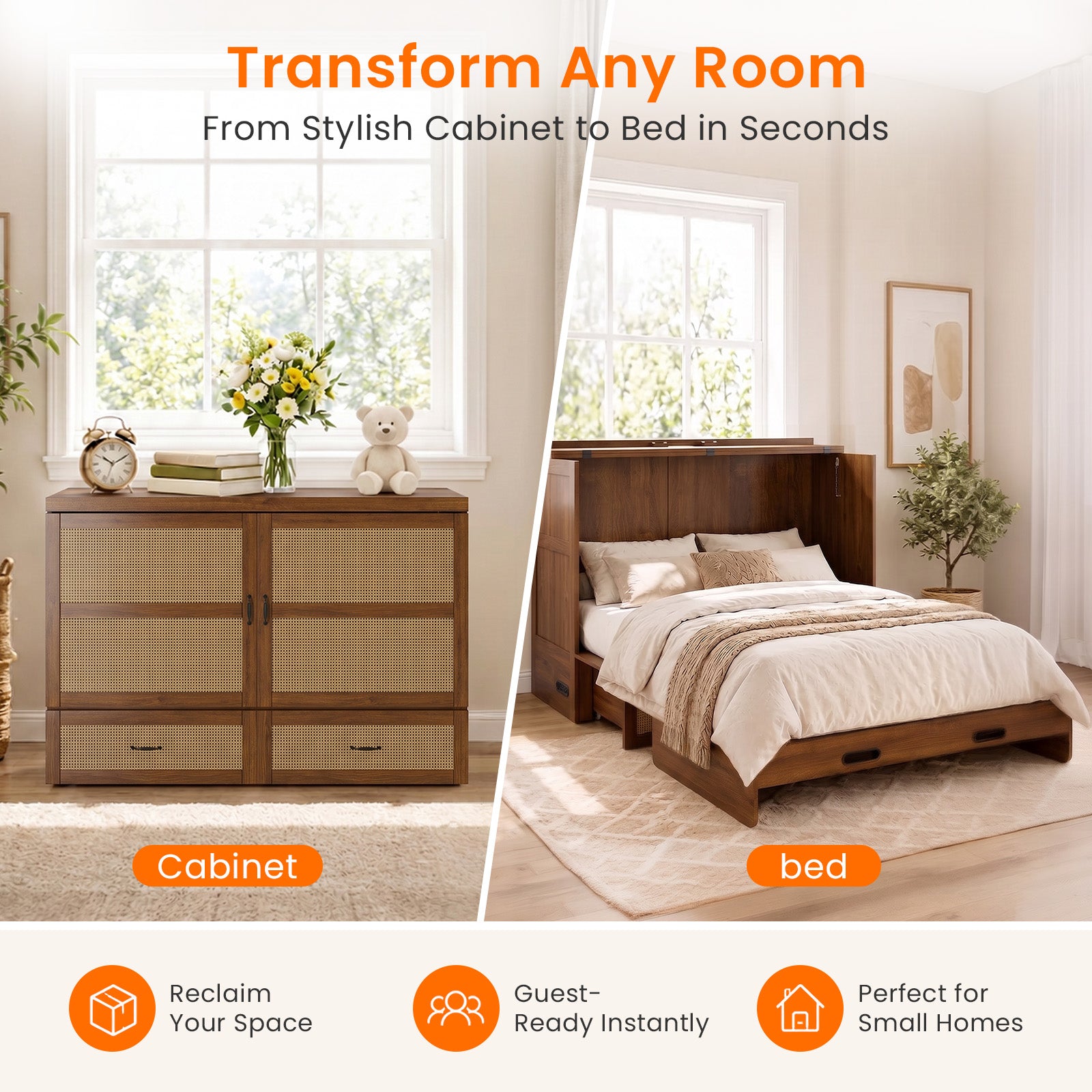 Puremind Queen Size Rattan Murphy Bed with Mattress, Hideaway Cabinet Bed with Charging Port and Storage Drawer for Home/Office