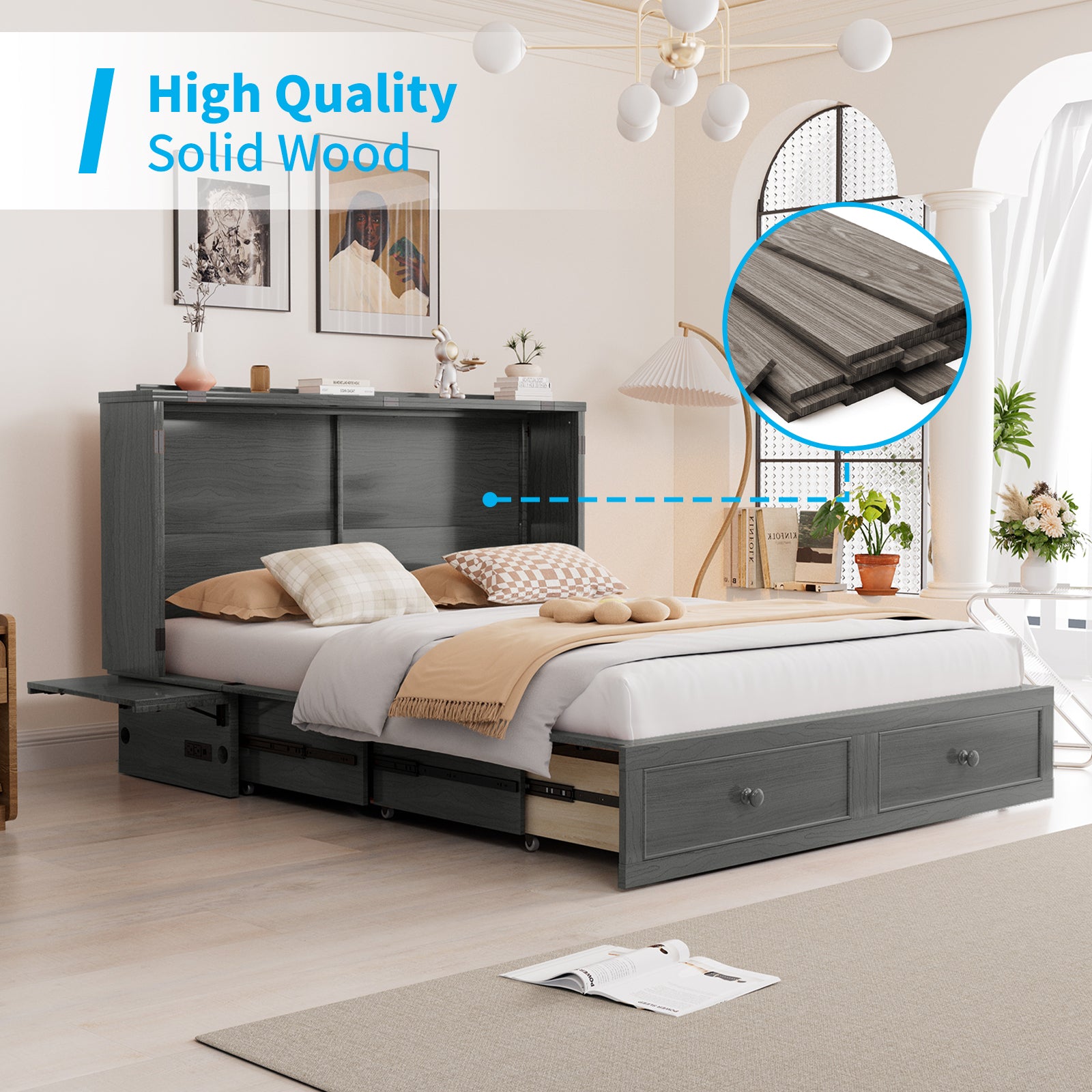 Puremind Queen Size Murphy Bed with Mattress, Murphy Cube Cabinet Bed with USB Charging Station and Large Storage Drawer, Murphy Chest Bed for Small Guest Room/Home/Office