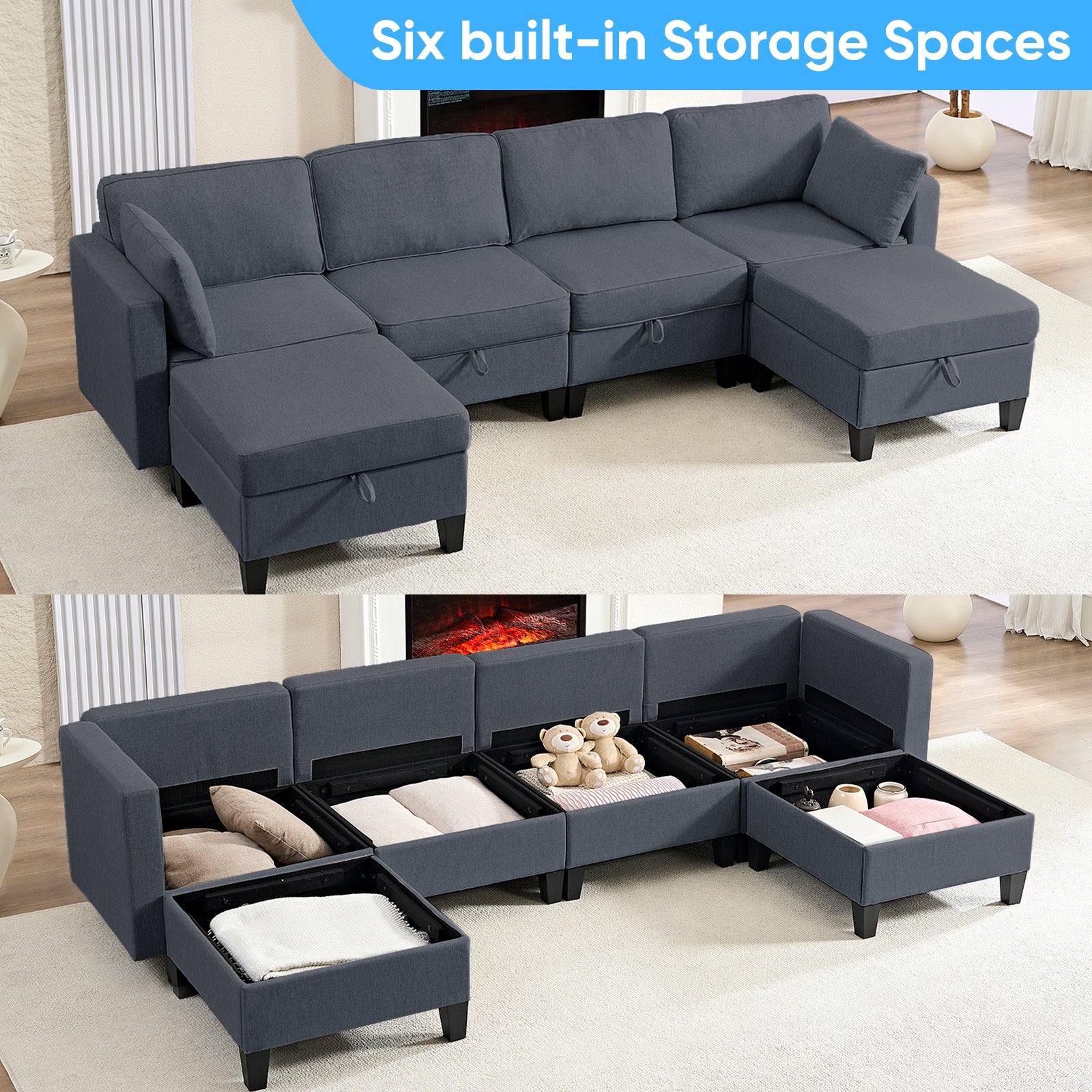 Puremind 6 Piece Modular Sectional Sofa with Storage, U/L Shaped Sectional Couch with Movable Ottoman, Convertible Sleeper Sofa for Living Room/Apartment