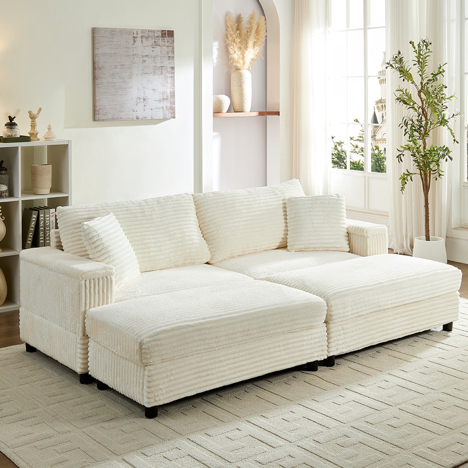 BALUS Oversized Chaise Sofa with Wide Storage Ottoman, Modern Deep Seat Sofa Bed for Living room/ Bedroom, Comfy Apartment Sleeper Sofa, Corduroy