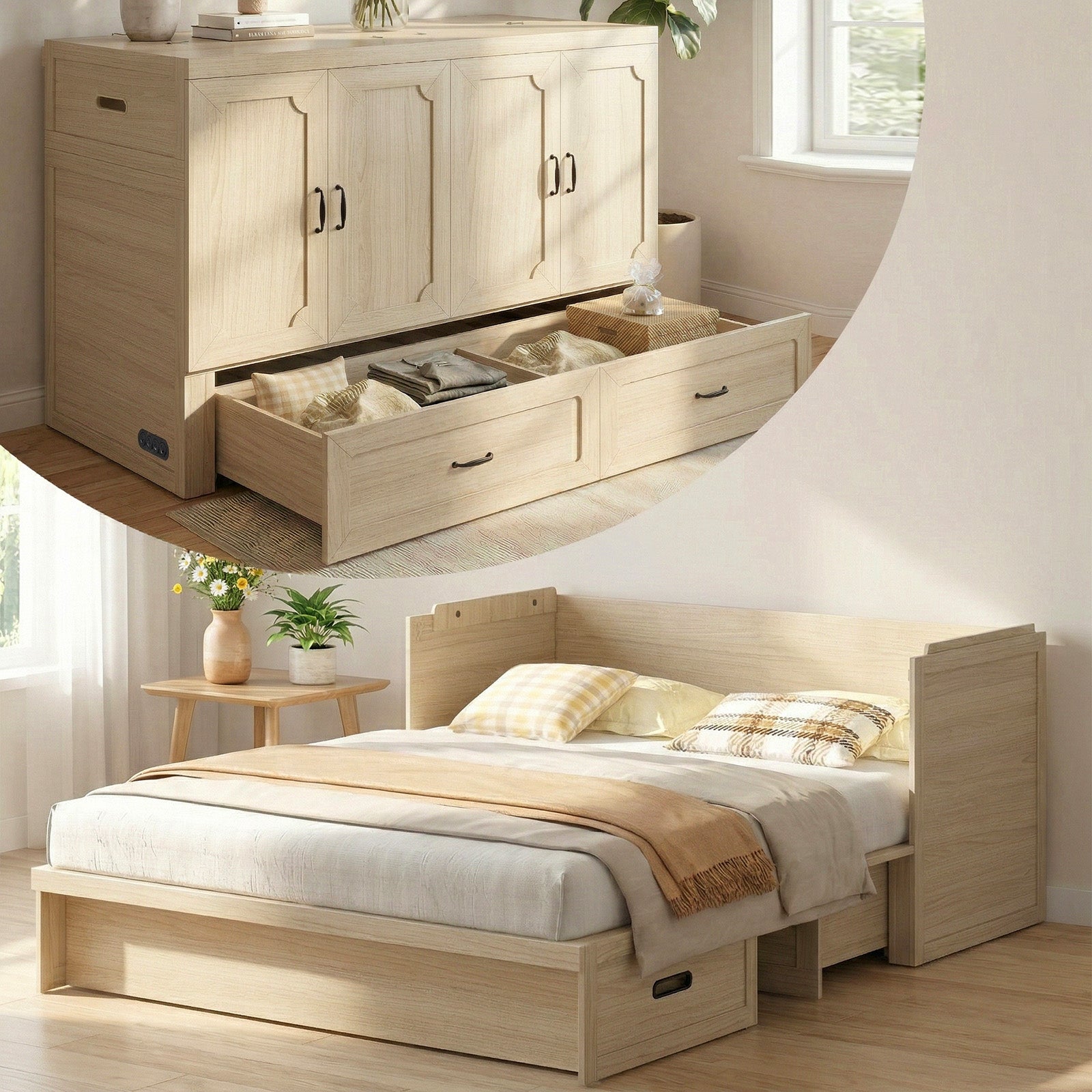 Puremind Queen Size Murphy Bed with Mattress Included, Cabinet Bed with USB Charging Ports and Drawer for Guest Room/Home/Office