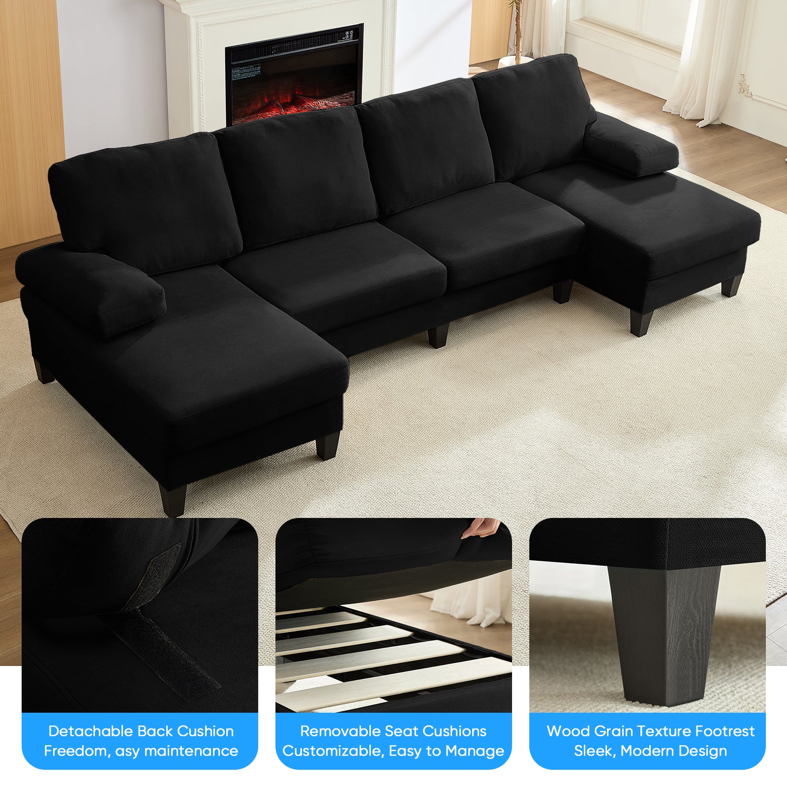Puremind 110" Sectional Couches with Chaises for Living Room, 4 Seater U Shaped Sofa, Living Room Sets Furniture for Home/Office