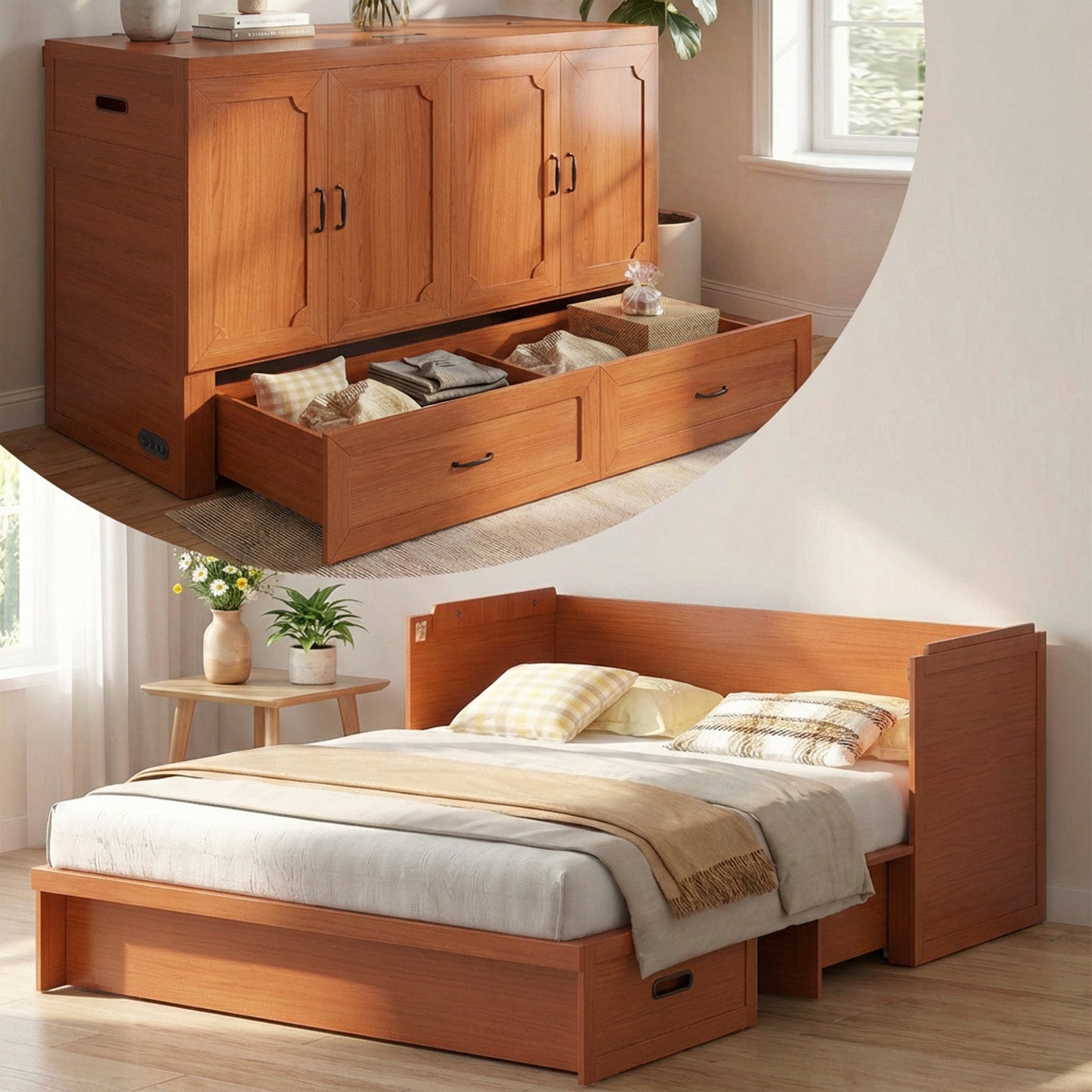 Puremind Queen Size Murphy Bed with Mattress Included, Cabinet Bed with USB Charging Ports and Drawer for Guest Room/Home/Office