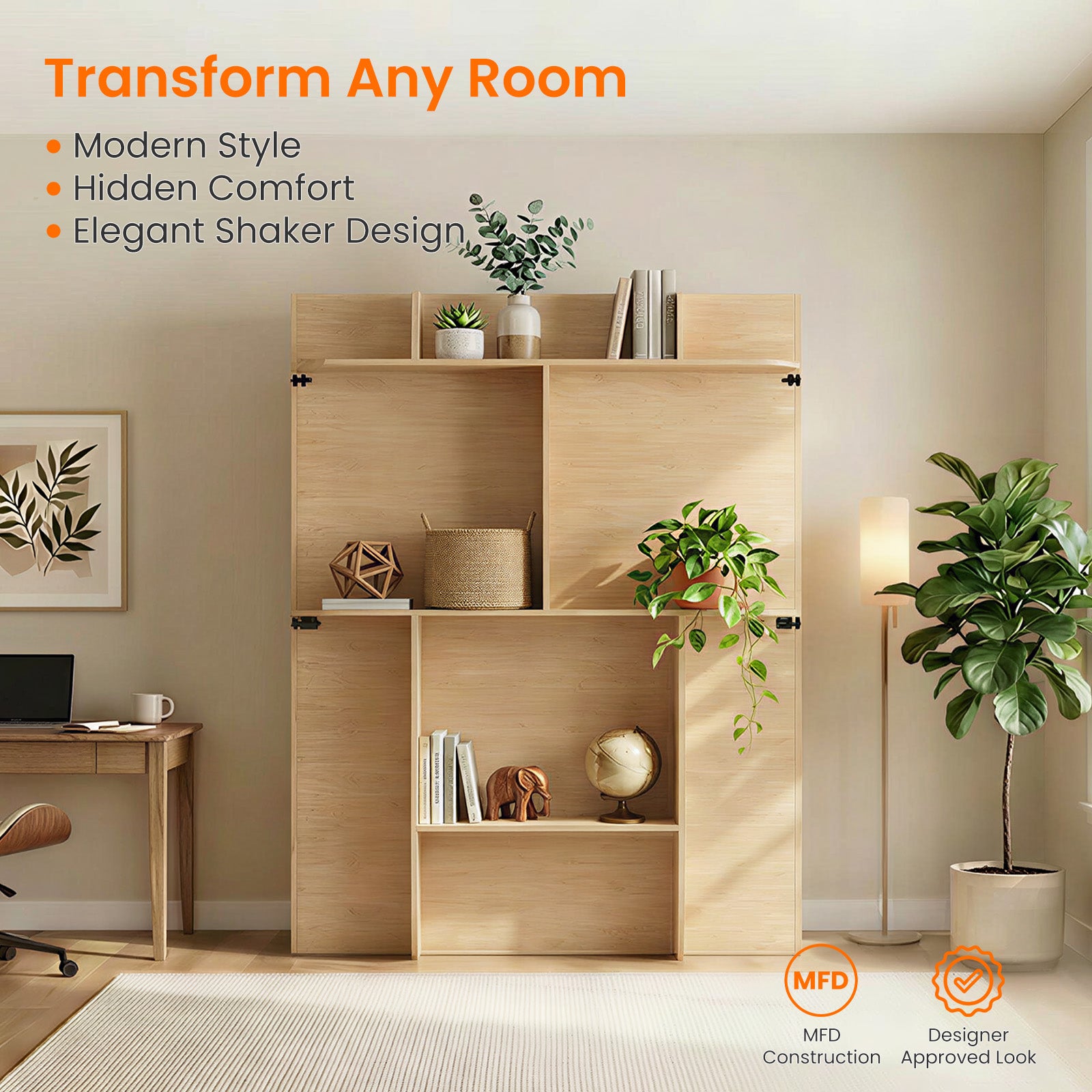 Puremind Queen Size Murphy Bed, Wood Foldable Wall Bed Frame, Storage Cabinet Bed for Bedroom/Office, Space-Saving, No Box Spring Needed