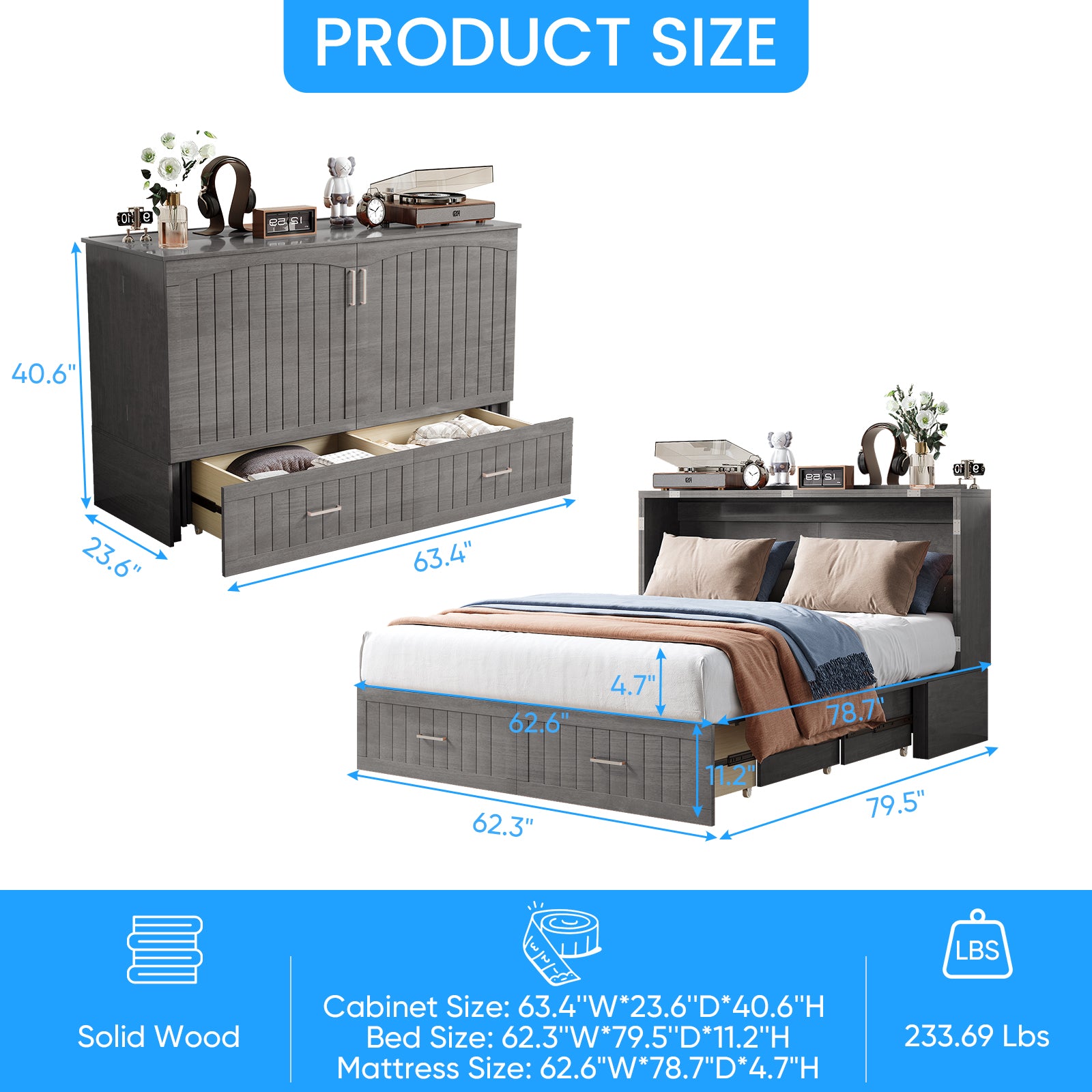 Puremind Solid Wood Murphy Bed, Queen Size Cabinet Bed with Charging Port and Storage Drawer for Guest Room/Home/Office