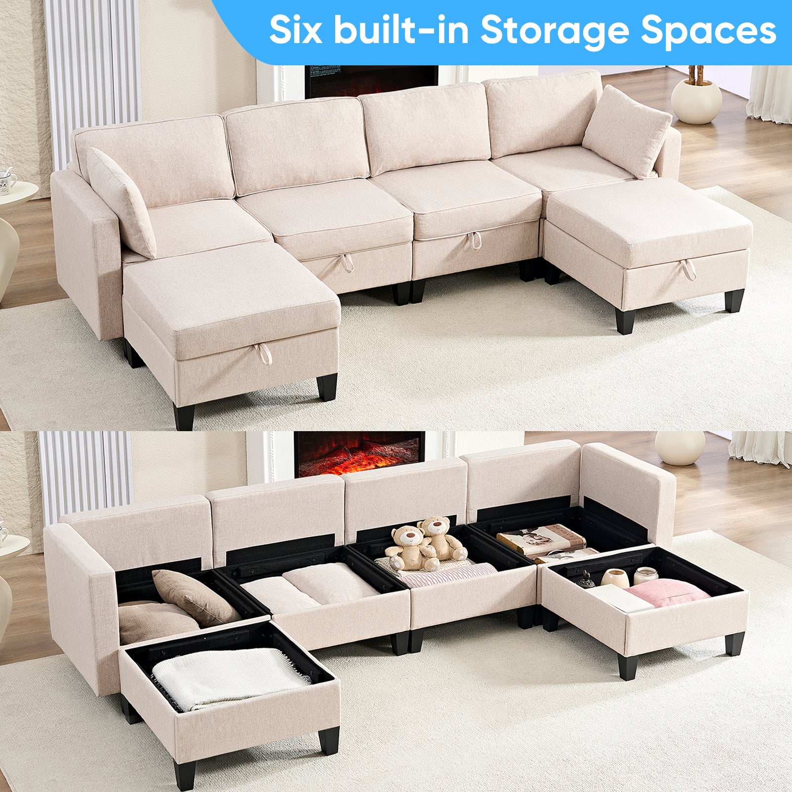 Puremind 6 Piece Modular Sectional Sofa with Storage, U/L Shaped Sectional Couch with Movable Ottoman, Convertible Sleeper Sofa for Living Room/Apartment