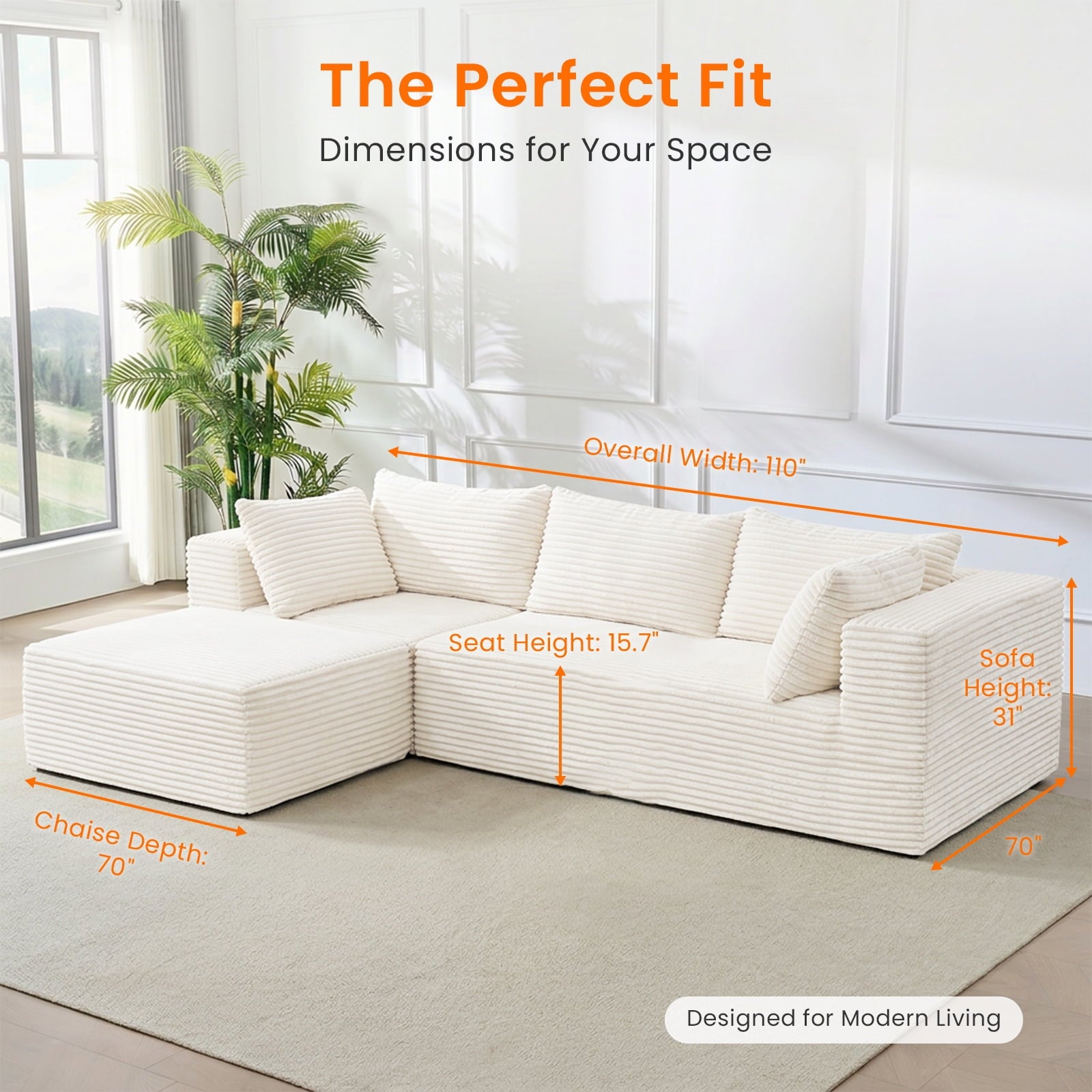 Mjkone Modular Sectional Sofa with Chaise,Corduroy L-Shaped Cloud Couch,Oversized Sleeper Couches for Living Room,
