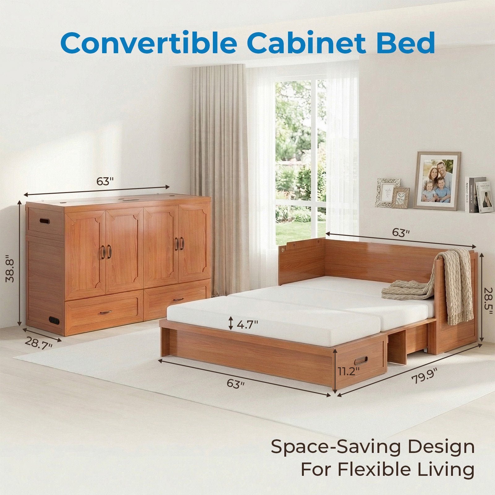 Mjkone Murphy Bed Queen with Mattress, Cabinet Bed with Storage Drawers and USB Charging Station,Murphy Chest Bed for Small Space