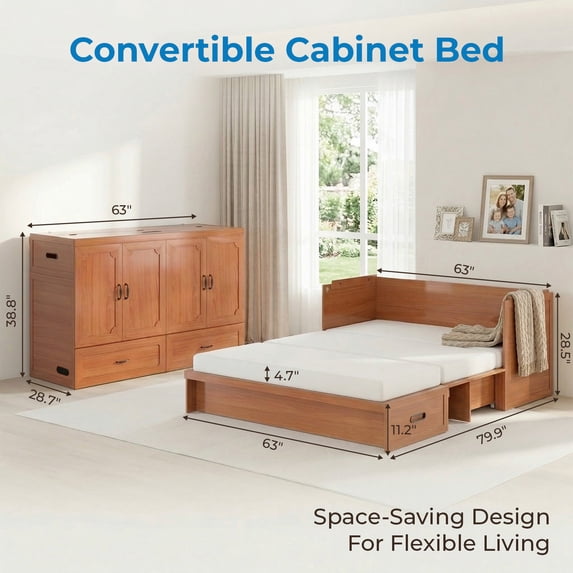 Mjkone Murphy Bed Queen with Mattress, Cabinet Bed with Storage Drawers and USB Charging Station,Murphy Chest Bed for Small Space,
