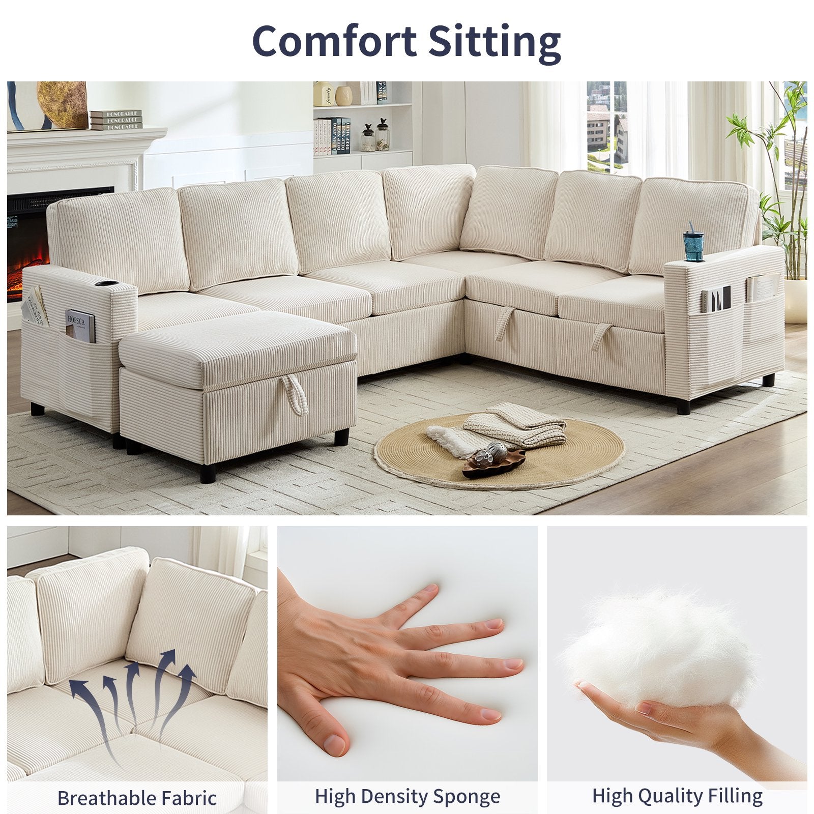 ZAFLY 101"W U Shaped Pull Out Couch, Convertible Sleeper Sofa Bed with Storage, Corduroy Sectional Sofas for Living Room