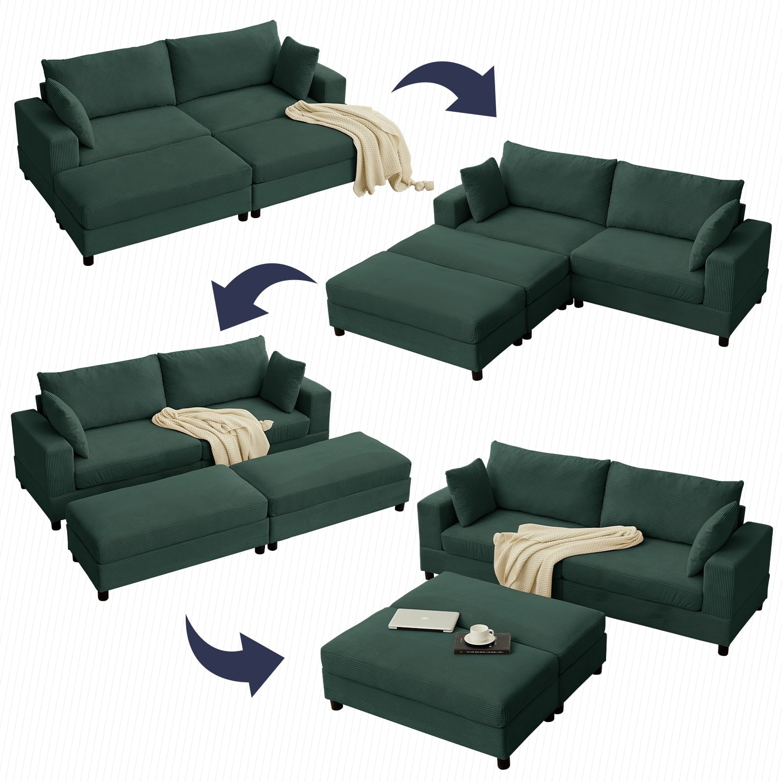 ZAFLY 85” Black Sectional Sofa with Chaise, Oversized Loveseat Deep Seat Couch, Corduroy Sleeper Sofa for Small Spaces/Apartment