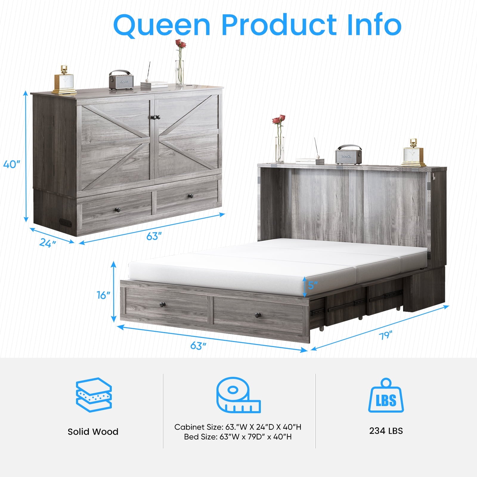 Mjkone Murphy Chest Bed,Full Size Cabinet Bed with Storage Drawers and USB Charging Station,Folding Chest Bed with Mattress for Living Room/Bedroom,