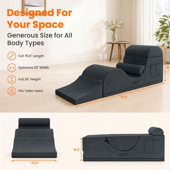 Mjkone Convertible Yoga Chair for Adults,Velvet Yoga Chaise Lounge with Lumbar Pillow,Ergonomic Foam Lounge with Side Pocket,