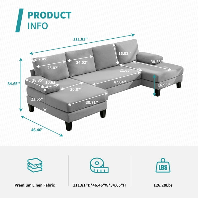 Cecer U Shaped Sectional Sofa, 4-Seat Modular Sofa, Living Room Modern Couch with Chaise