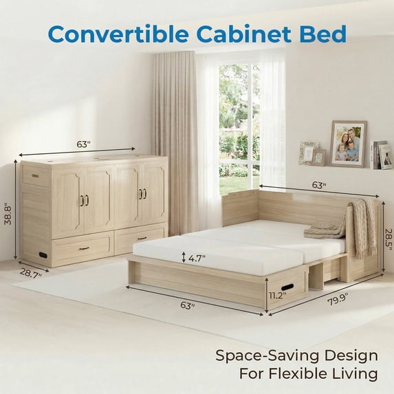 Mjkone Murphy Bed Queen with Mattress, Cabinet Bed with Storage Drawers and USB Charging Station,Murphy Chest Bed for Small Space,