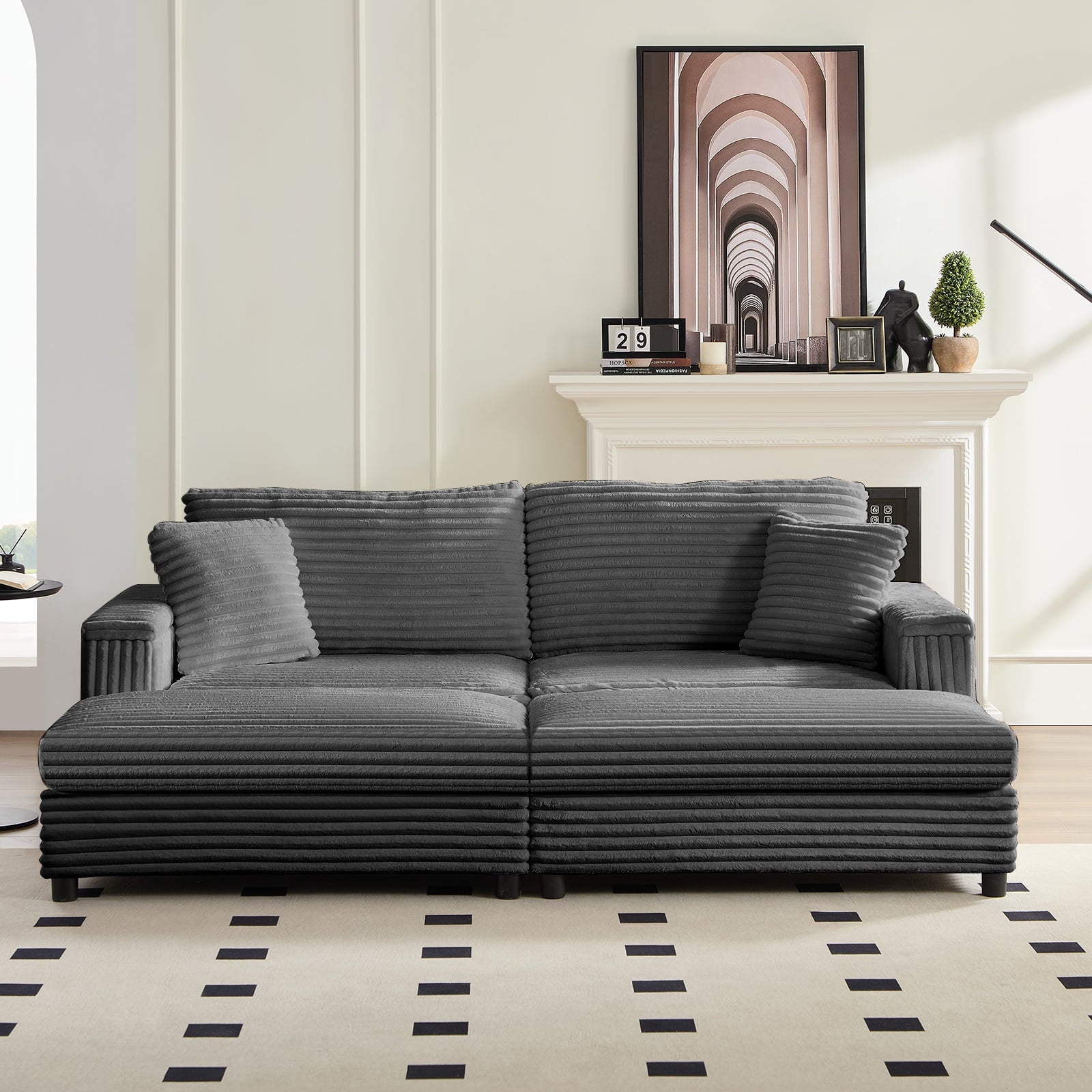 Mjkone 85’’ Loveseat Sectional Sofa with 2 Ottoman,Corduroy Deep Seat Couch with Storage Armrests Living Room Furniture,