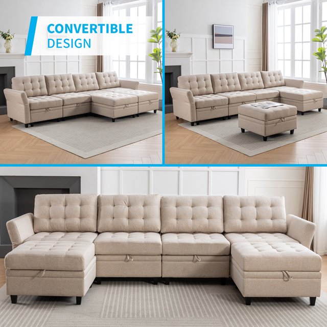 Cecer Convertible Sectional Sofa with Storage Ottomans, U-Shaped Modular Sofa with Adjustable Armrests for Living Room