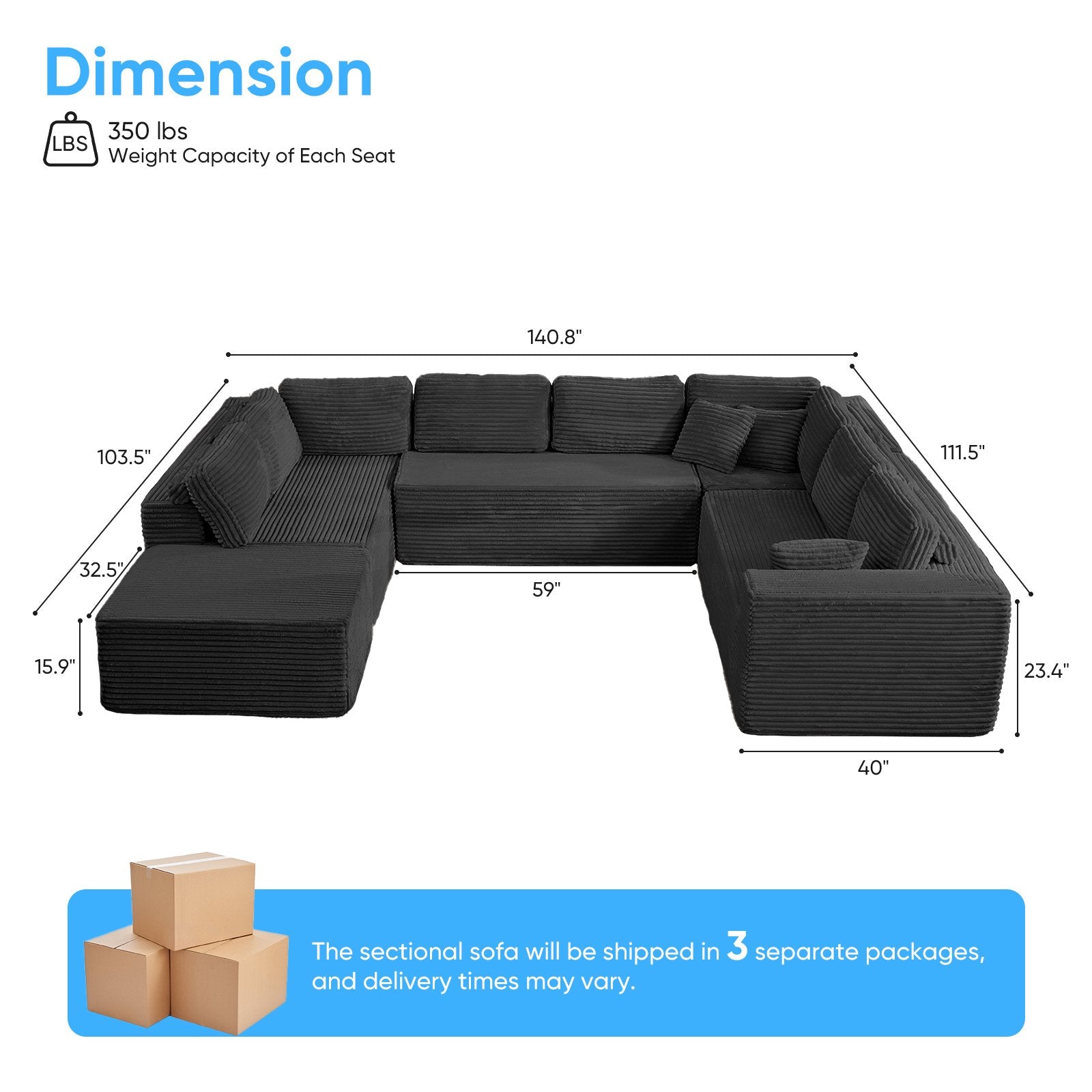 Mjkone 140"Oversized Modular U Shped Sectional Sofa,Corduroy Cloud Couch with Movable Ottoman for Living Room,No Assembly Required,