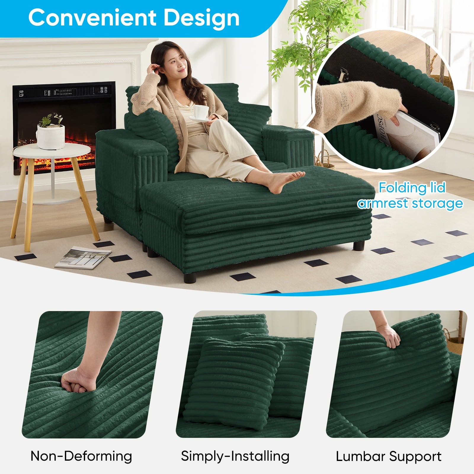 Mjkone Oversized Accent Chair with Ottoman for Living Room, Single Indoor Lounge Sofa Armchair with Storage Armrests,