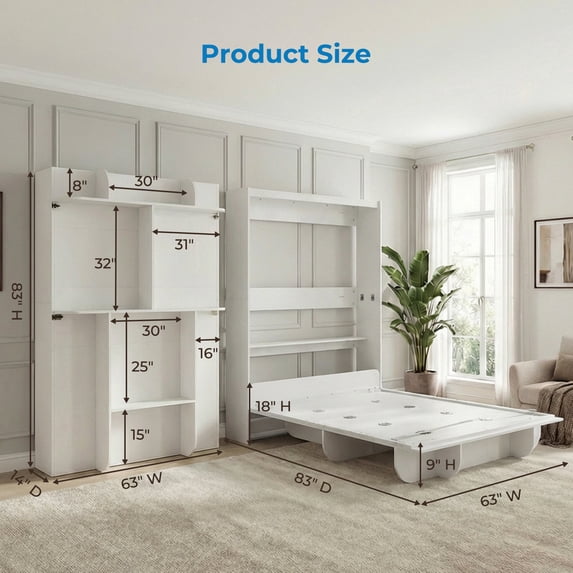 Mjkone Murphy Wall Bed Queen Size,Wall Bed with Shelves,Multifunctional Murphy Bed for Small Space/Bedroom/Guest Room