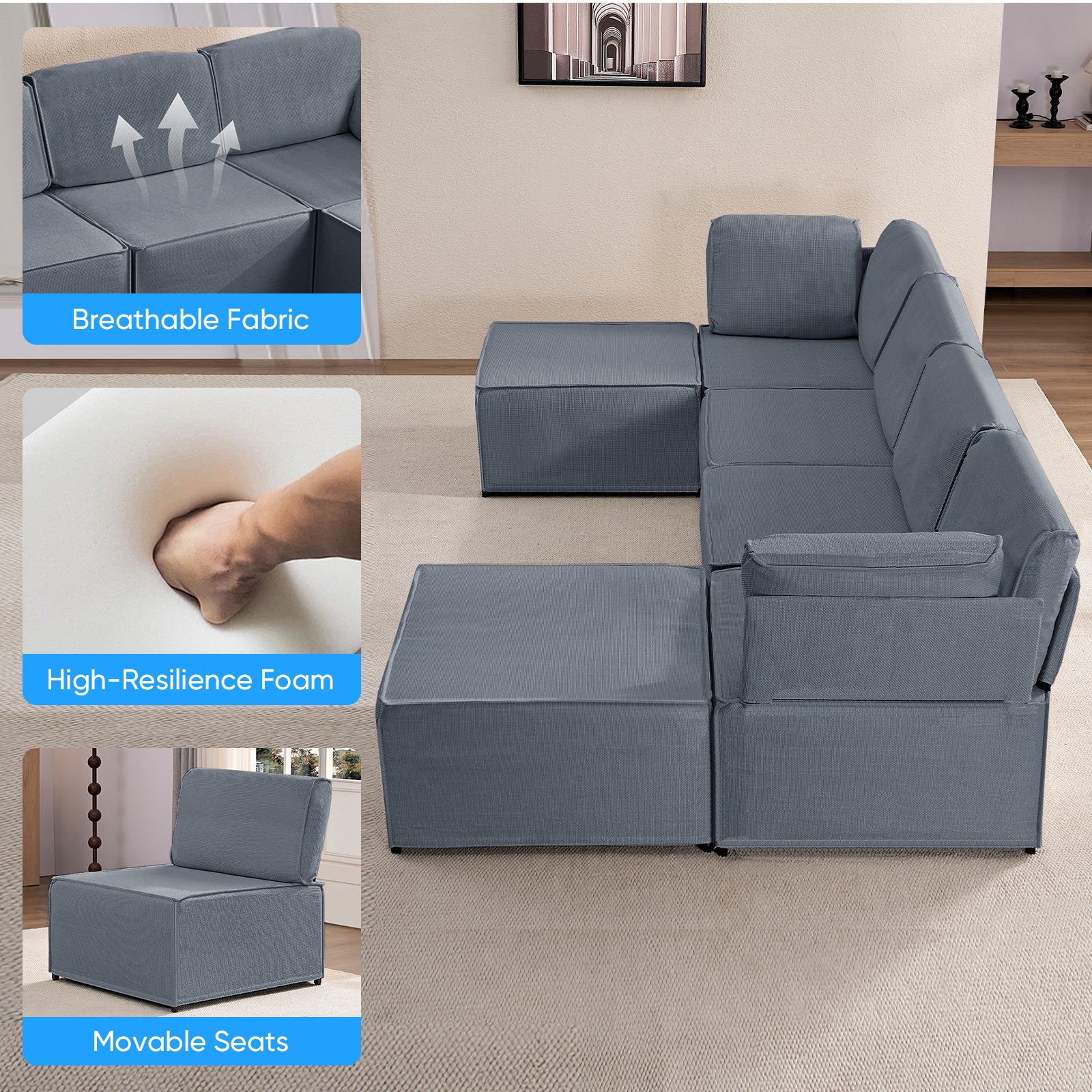 Puremind Modular Sectional Sofa with Movable Ottoman, Convertible U Shaped Couch, Linen 6 Seater Free Combination Sleeper Sofa for Living Room