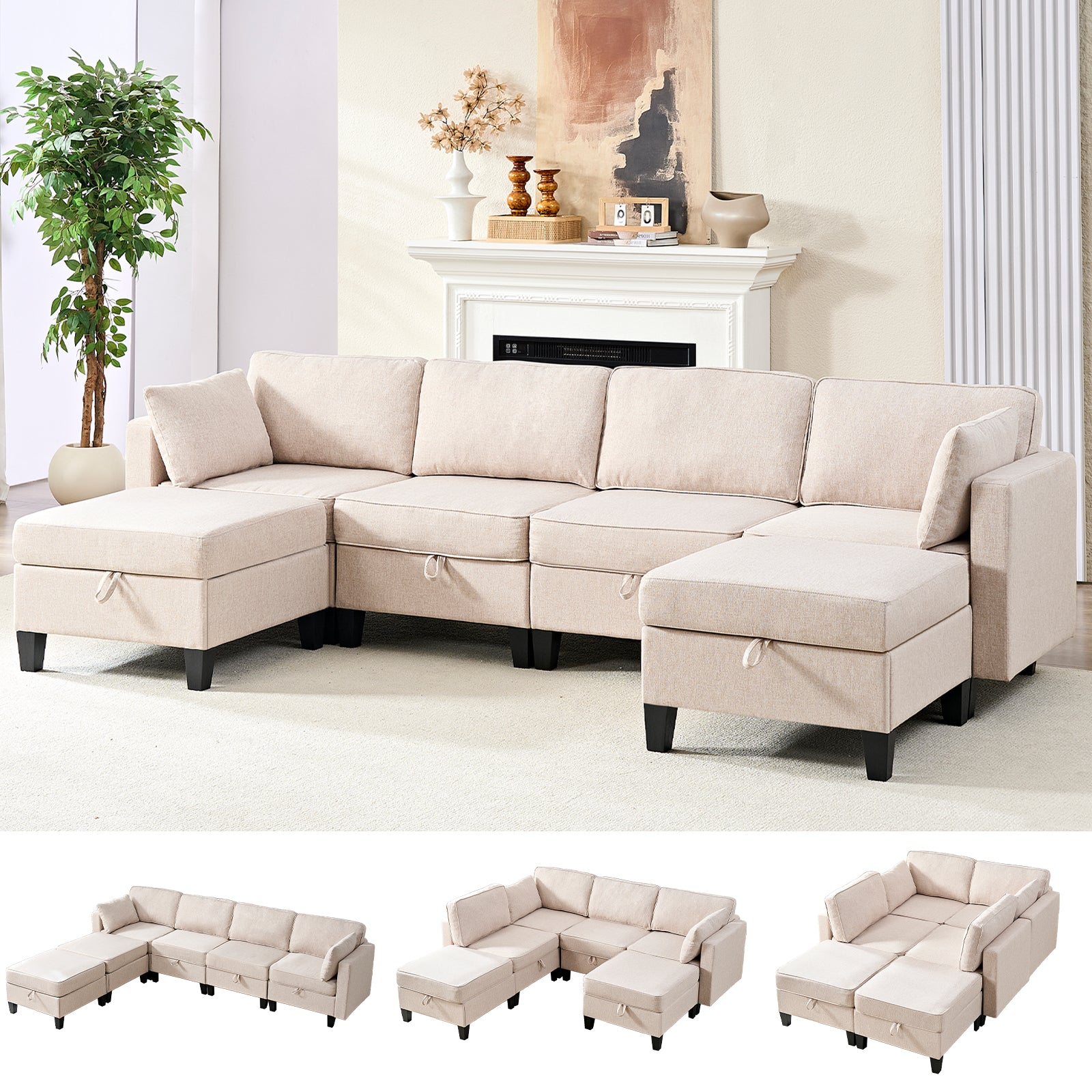 Puremind 6 Piece Modular Sectional Sofa with Storage, U/L Shaped Sectional Couch with Movable Ottoman, Convertible Sleeper Sofa for Living Room/Apartment