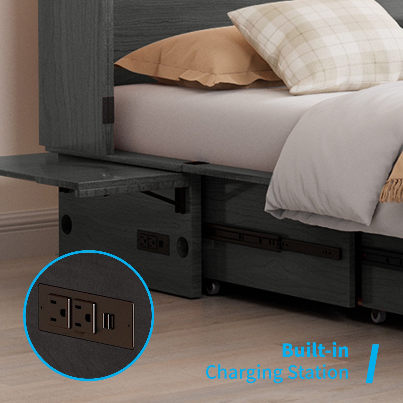 Puremind Queen Size Murphy Bed with Mattress, Murphy Cube Cabinet Bed with USB Charging Station and Large Storage Drawer, Murphy Chest Bed for Small Guest Room/Home/Office