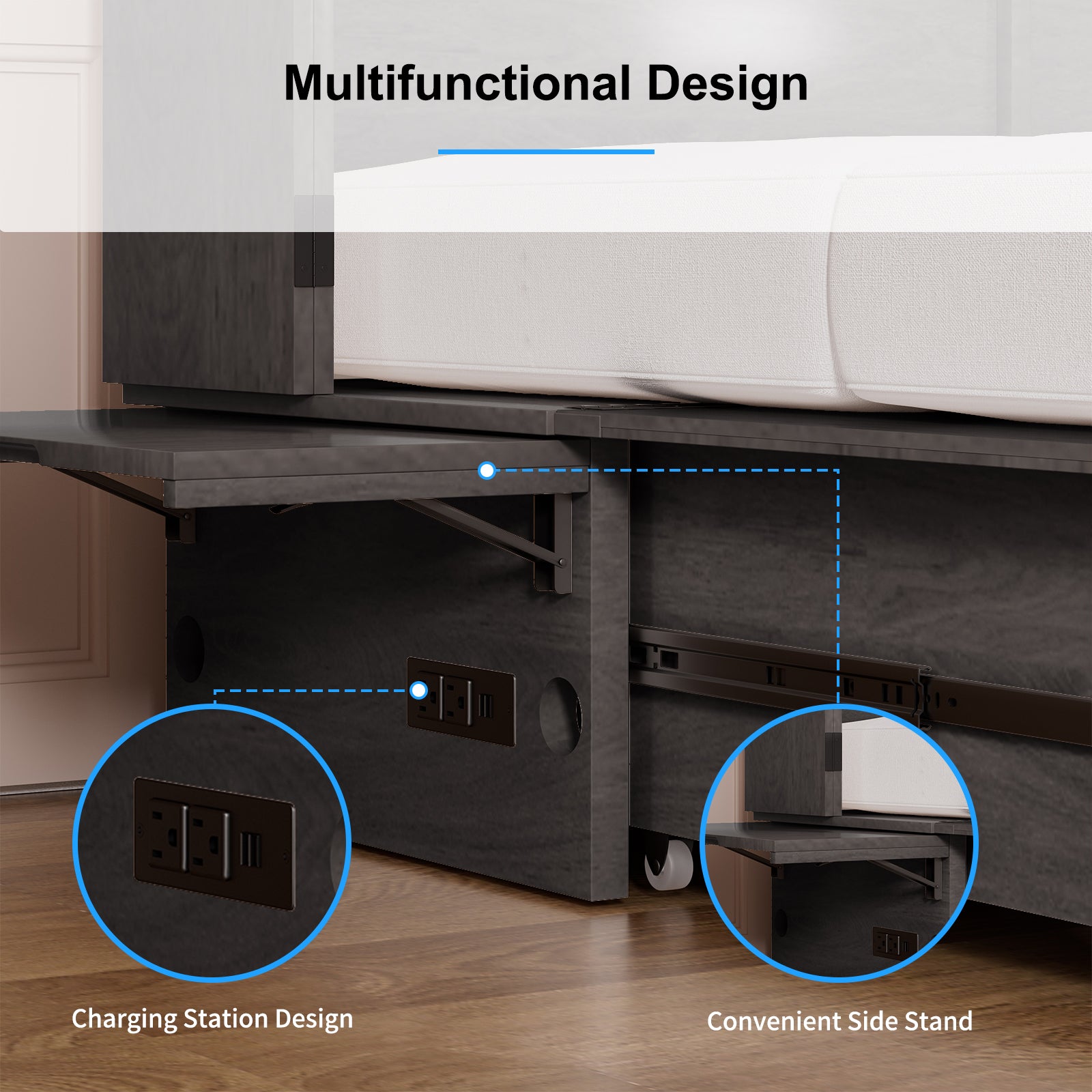 Puremind Queen Size Murphy Bed with Mattress, Murphy Cube Cabinet Bed with USB Charging Station and Large Storage Drawer, Murphy Chest Bed for Small Guest Room/Home/Office