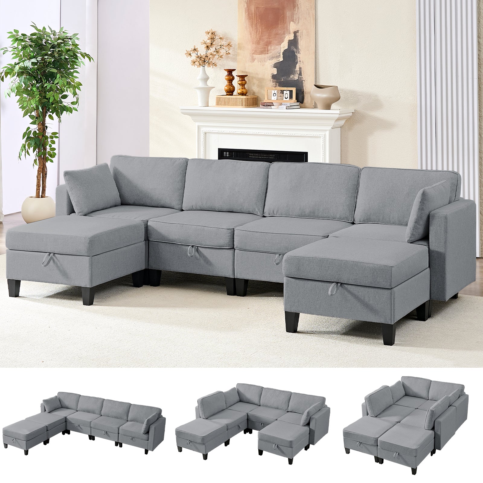Puremind 6 Piece Modular Sectional Sofa with Storage, U/L Shaped Sectional Couch with Movable Ottoman, Convertible Sleeper Sofa for Living Room/Apartment