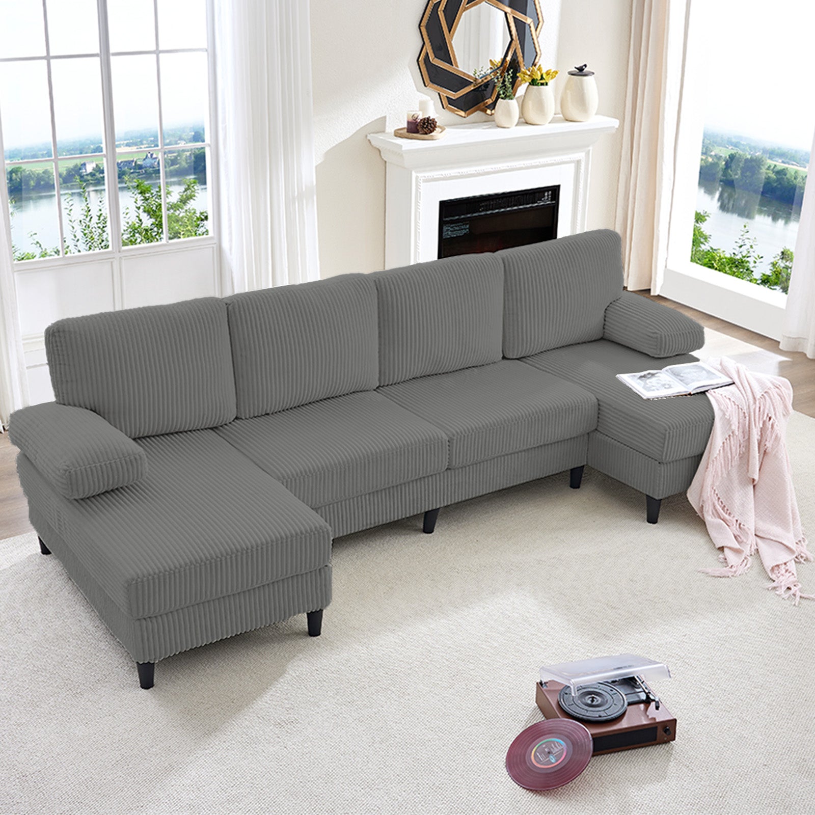 Puremind 110" U Shaped Sofa, Modern Sectional Couch for Living Room/Apartment, Plush Corduroy Sofa