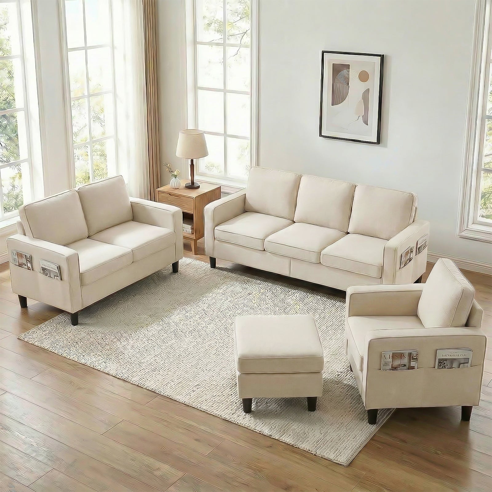 Puremind Sofa Set with Storage Ottoman, Living Room Furniture Sets, Linen Sectional Couch Sets for Living Room/Apartment