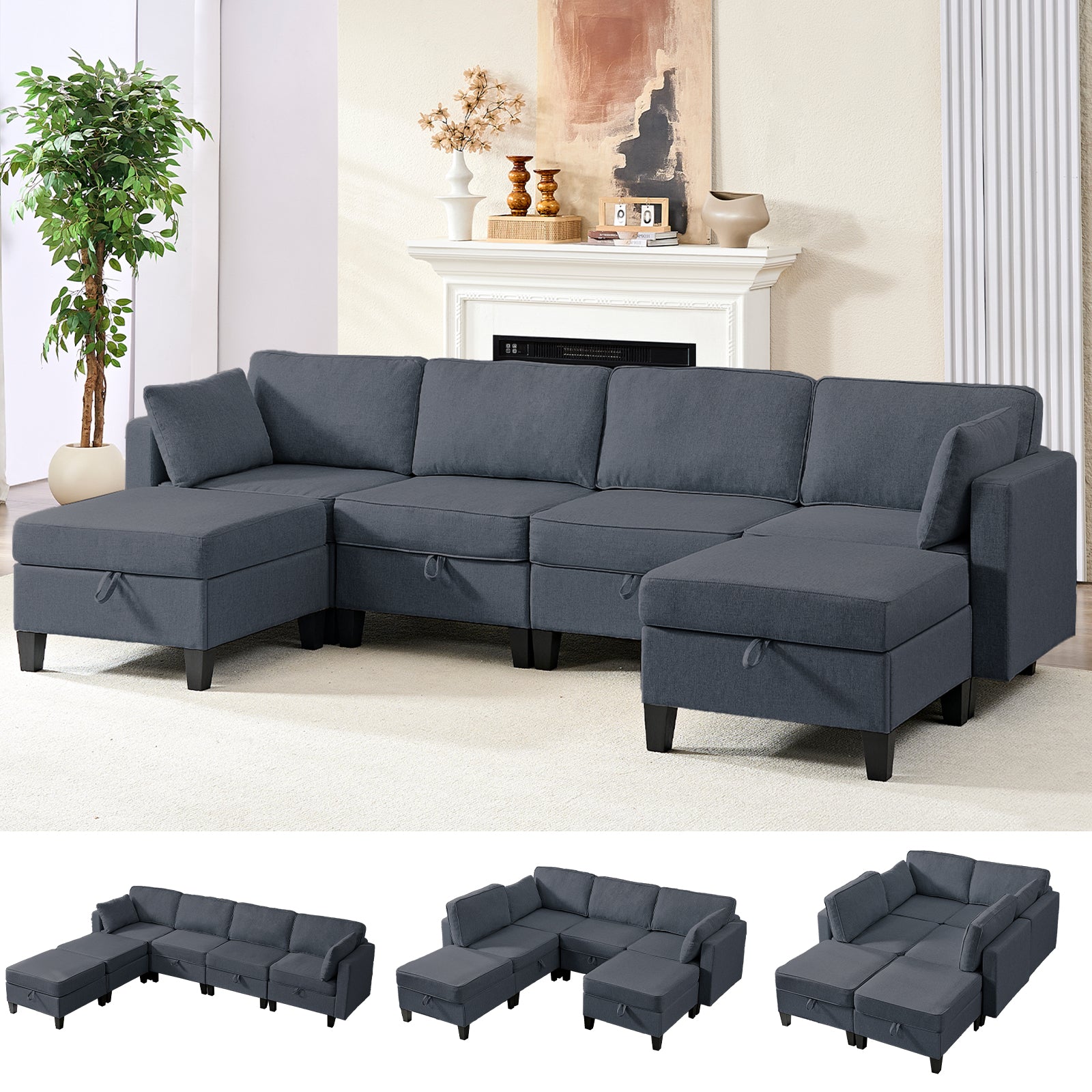 Puremind 6 Piece Modular Sectional Sofa with Storage, U/L Shaped Sectional Couch with Movable Ottoman, Convertible Sleeper Sofa for Living Room/Apartment